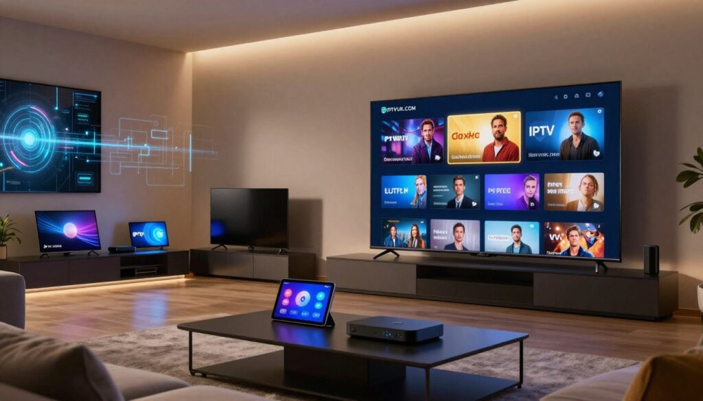A futuristic representation of the evolution of IPTV services in the US market, showcasing a sleek, modern living room setting as the foreground. A large, high-definition screen displays various IPTV interfaces, highlighting their diversity and technology. In the middle, a variety of devices like smart TVs, tablets, and streaming boxes are arranged on a stylish entertainment unit, reflecting connectivity and user engagement. The background features a wall adorned with digital artwork representing dataflow and streaming signals, symbolizing the future of technology. Soft, ambient lighting creates a warm and inviting atmosphere, suggesting innovation and comfort. Use a wide-angle lens perspective to capture the entire scene, emphasizing the harmonious blend of technology and home life. Include the branding “IPTVVUK.COM” subtly integrated into the digital elements, without visible text or overlays. A futuristic representation of the evolution of IPTV services in the US market, showcasing a sleek, modern living room setting as the foreground. A large, high-definition screen displays various IPTV interfaces, highlighting their diversity and technology. In the middle, a variety of devices like smart TVs, tablets, and streaming boxes are arranged on a stylish entertainment unit, reflecting connectivity and user engagement. The background features a wall adorned with digital artwork representing dataflow and streaming signals, symbolizing the future of technology. Soft, ambient lighting creates a warm and inviting atmosphere, suggesting innovation and comfort. Use a wide-angle lens perspective to capture the entire scene, emphasizing the harmonious blend of technology and home life. Include the branding “IPTVVUK.COM” subtly integrated into the digital elements, without visible text or overlays.