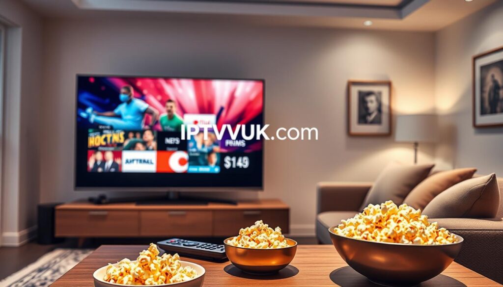 A high-definition scene illustrating IPTV stream quality, featuring a modern living room setting. In the foreground, a sleek flat-screen TV displays vibrant, crystal-clear streaming content. Nearby, a stylish coffee table holds a remote control and an elegant bowl of popcorn, conveying a cozy viewing experience. The middle ground showcases a comfortable sofa adorned with plush cushions, inviting relaxation. The background consists of a gently lit room with soft, ambient lighting that creates a warm, inviting atmosphere. The walls are decorated with minimalist artwork. An air of excitement and anticipation fills the room, reflecting the enjoyment of watching high-quality IPTV content. Subtly integrate the brand name "IPTVVUK.COM" as part of the TV display, ensuring it blends seamlessly with the scene. A high-definition scene illustrating IPTV stream quality, featuring a modern living room setting. In the foreground, a sleek flat-screen TV displays vibrant, crystal-clear streaming content. Nearby, a stylish coffee table holds a remote control and an elegant bowl of popcorn, conveying a cozy viewing experience. The middle ground showcases a comfortable sofa adorned with plush cushions, inviting relaxation. The background consists of a gently lit room with soft, ambient lighting that creates a warm, inviting atmosphere. The walls are decorated with minimalist artwork. An air of excitement and anticipation fills the room, reflecting the enjoyment of watching high-quality IPTV content. Subtly integrate the brand name "IPTVVUK.COM" as part of the TV display, ensuring it blends seamlessly with the scene.