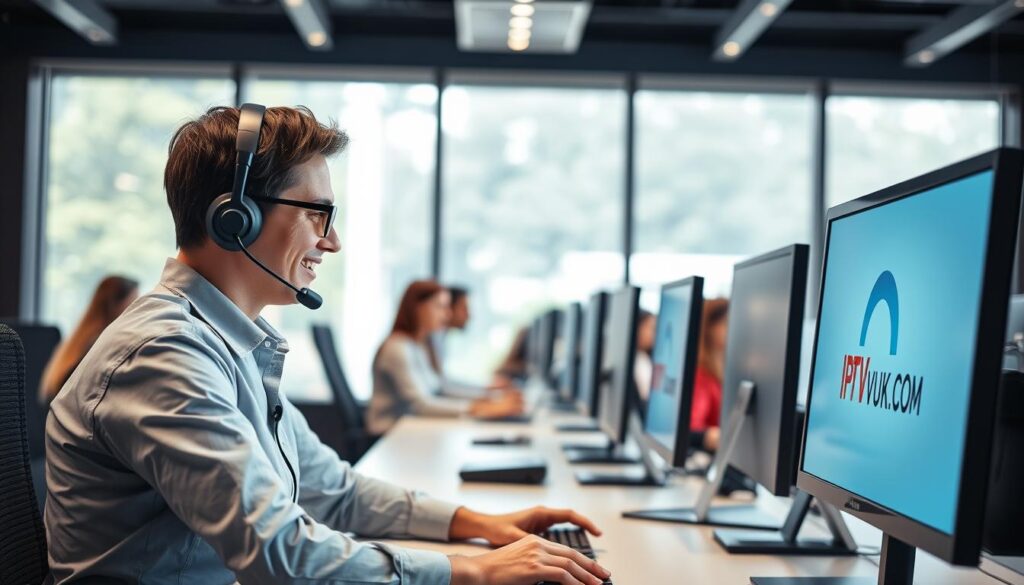 A modern customer support scene illustrating a busy call center environment. In the foreground, a professional customer support agent wearing a headset, focused and smiling, provides assistance to a client on the phone. The agent is seated at a sleek desk with a computer displaying the IPTVVUK.COM logo on the screen. In the middle, several other support agents engage with clients, showcasing a collaborative and supportive atmosphere. The background features large windows allowing natural light to fill the room, creating a bright and inviting ambiance. Soft lighting focuses on the agents, emphasizing their professionalism and dedication. The overall mood is one of reliability, trust, and efficiency, emphasizing the theme of customer support in the IPTV industry. A modern customer support scene illustrating a busy call center environment. In the foreground, a professional customer support agent wearing a headset, focused and smiling, provides assistance to a client on the phone. The agent is seated at a sleek desk with a computer displaying the IPTVVUK.COM logo on the screen. In the middle, several other support agents engage with clients, showcasing a collaborative and supportive atmosphere. The background features large windows allowing natural light to fill the room, creating a bright and inviting ambiance. Soft lighting focuses on the agents, emphasizing their professionalism and dedication. The overall mood is one of reliability, trust, and efficiency, emphasizing the theme of customer support in the IPTV industry.