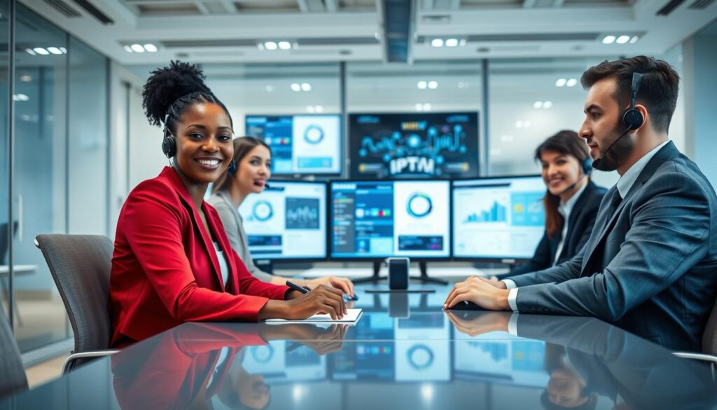 A modern customer support scene reflecting reliability and professionalism for IPTV services. In the foreground, a diverse team of three customer service representatives, one Black woman and one Caucasian man, wearing smart business attire, engaged in a collaborative discussion at a sleek conference table. In the middle, multiple computer screens displaying IPTV service interfaces and analytics, subtly featuring the brand "IPTVVUK.COM". The background showcases a contemporary office space with bright but soft lighting, giving a sense of openness and clarity. The atmosphere is focused and friendly, exuding trust and support, perfect for illustrating customer service reliability. The angle is slightly elevated, capturing both the representatives and the technology they use. A modern customer support scene reflecting reliability and professionalism for IPTV services. In the foreground, a diverse team of three customer service representatives, one Black woman and one Caucasian man, wearing smart business attire, engaged in a collaborative discussion at a sleek conference table. In the middle, multiple computer screens displaying IPTV service interfaces and analytics, subtly featuring the brand "IPTVVUK.COM". The background showcases a contemporary office space with bright but soft lighting, giving a sense of openness and clarity. The atmosphere is focused and friendly, exuding trust and support, perfect for illustrating customer service reliability. The angle is slightly elevated, capturing both the representatives and the technology they use.