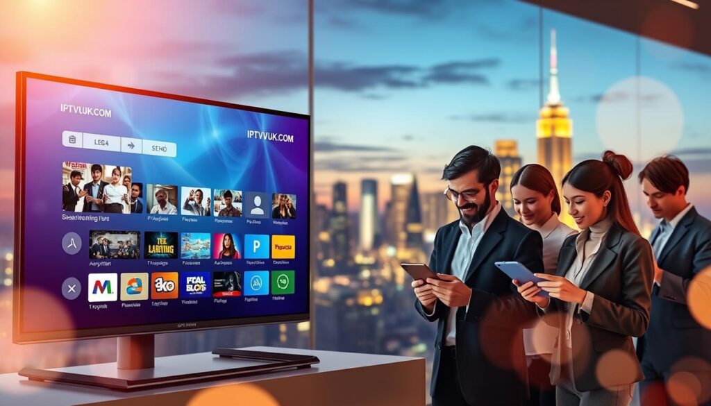 A modern digital landscape depicting "IPTV Global Content Access." In the foreground, a sleek, professional-looking television screen displays a vibrant user interface showing various legal streaming options, with the brand name "IPTVVUK.COM" prominently featured. In the middle ground, a diverse group of people in professional attire, including men and women of various ethnicities, engage with smart devices like tablets and smartphones, enjoying seamless streaming. The background features a city skyline illuminated at dusk, symbolizing worldwide access to content. Soft, warm lighting casts a welcoming glow, enhancing the mood of connectivity and innovation, with a slight bokeh effect to focus on the excitement of legal streaming options. A modern digital landscape depicting "IPTV Global Content Access." In the foreground, a sleek, professional-looking television screen displays a vibrant user interface showing various legal streaming options, with the brand name "IPTVVUK.COM" prominently featured. In the middle ground, a diverse group of people in professional attire, including men and women of various ethnicities, engage with smart devices like tablets and smartphones, enjoying seamless streaming. The background features a city skyline illuminated at dusk, symbolizing worldwide access to content. Soft, warm lighting casts a welcoming glow, enhancing the mood of connectivity and innovation, with a slight bokeh effect to focus on the excitement of legal streaming options.