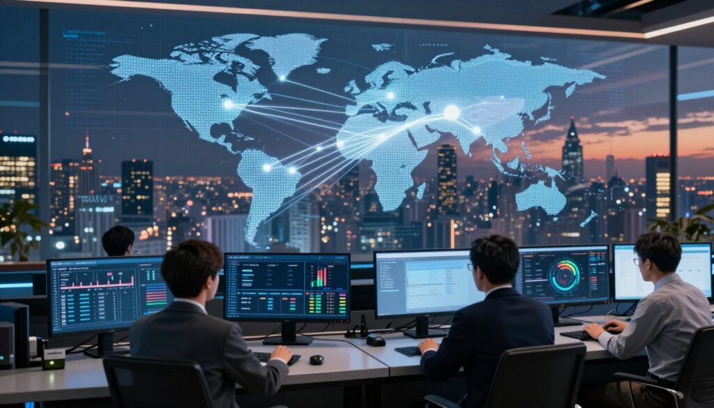 A modern digital landscape showcasing the concept of CDN performance for IPTV streaming, featuring a sleek, high-tech control room in the foreground where IT professionals in professional business attire monitor streaming data on large screens displaying graphs and performance metrics. In the middle ground, illustrate a dynamic flow of data represented by luminous lines and nodes connecting various global locations, symbolizing fast content delivery. The background can have a panoramic view of a bustling city skyline at dusk, with lights twinkling, encapsulating the idea of connectivity and speed. Use cool lighting tones with a hint of warm accents to create a vibrant yet professional atmosphere. Include subtle branding elements referencing "IPTVVUK.COM" in the digital displays, enhancing the overall theme of advanced IPTV services. A modern digital landscape showcasing the concept of CDN performance for IPTV streaming, featuring a sleek, high-tech control room in the foreground where IT professionals in professional business attire monitor streaming data on large screens displaying graphs and performance metrics. In the middle ground, illustrate a dynamic flow of data represented by luminous lines and nodes connecting various global locations, symbolizing fast content delivery. The background can have a panoramic view of a bustling city skyline at dusk, with lights twinkling, encapsulating the idea of connectivity and speed. Use cool lighting tones with a hint of warm accents to create a vibrant yet professional atmosphere. Include subtle branding elements referencing "IPTVVUK.COM" in the digital displays, enhancing the overall theme of advanced IPTV services.