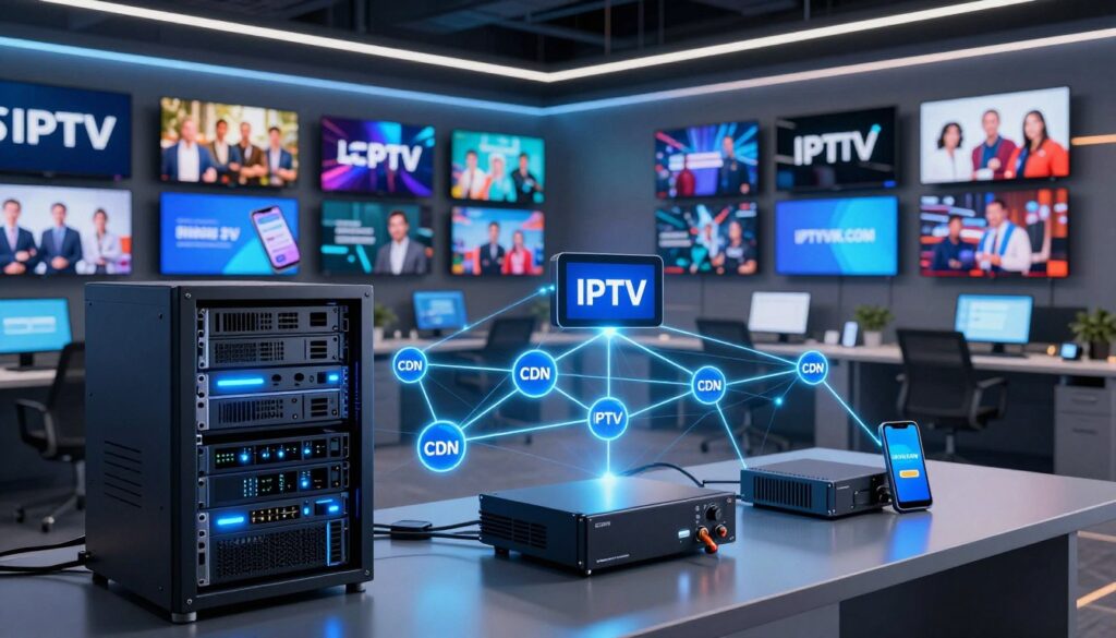 A modern digital landscape showcasing various CDN solutions for IPTV, with a focus on professional technology. In the foreground, a sleek server rack displays multiple high-tech devices, brightly lit to highlight their advanced features. In the middle ground, a network diagram illustrates the streamlined delivery of IPTV content, with nodes connected by glowing lines symbolizing data flow. In the background, a wall of large screens shows diverse streaming content being delivered seamlessly to multiple devices, like TVs, tablets, and smartphones. The atmosphere is dynamic and innovative, with a high-tech office setting illuminated by ambient LED lighting. Ensure the brand name "IPTVVUK.COM" is subtly incorporated into the network diagram. A modern digital landscape showcasing various CDN solutions for IPTV, with a focus on professional technology. In the foreground, a sleek server rack displays multiple high-tech devices, brightly lit to highlight their advanced features. In the middle ground, a network diagram illustrates the streamlined delivery of IPTV content, with nodes connected by glowing lines symbolizing data flow. In the background, a wall of large screens shows diverse streaming content being delivered seamlessly to multiple devices, like TVs, tablets, and smartphones. The atmosphere is dynamic and innovative, with a high-tech office setting illuminated by ambient LED lighting. Ensure the brand name "IPTVVUK.COM" is subtly incorporated into the network diagram.