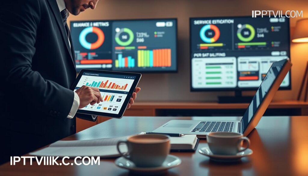 A modern digital workspace showcasing IPTV service evaluation metrics. In the foreground, a professional analyst, dressed in business attire, is closely examining a sleek tablet displaying colorful graphs and statistics. The middle layer includes a stylish desk with an open laptop, next to a notepad filled with notes and a cup of coffee. Background elements feature a two-screen setup displaying streaming quality indicators and user satisfaction ratings, with subtle lighting highlighting the screens for clarity. The atmosphere conveys a sense of professionalism and focus, with warm, ambient light creating a welcoming environment. Include the brand logo "IPTVVUK.COM" subtly integrated into the scene. A modern digital workspace showcasing IPTV service evaluation metrics. In the foreground, a professional analyst, dressed in business attire, is closely examining a sleek tablet displaying colorful graphs and statistics. The middle layer includes a stylish desk with an open laptop, next to a notepad filled with notes and a cup of coffee. Background elements feature a two-screen setup displaying streaming quality indicators and user satisfaction ratings, with subtle lighting highlighting the screens for clarity. The atmosphere conveys a sense of professionalism and focus, with warm, ambient light creating a welcoming environment. Include the brand logo "IPTVVUK.COM" subtly integrated into the scene.