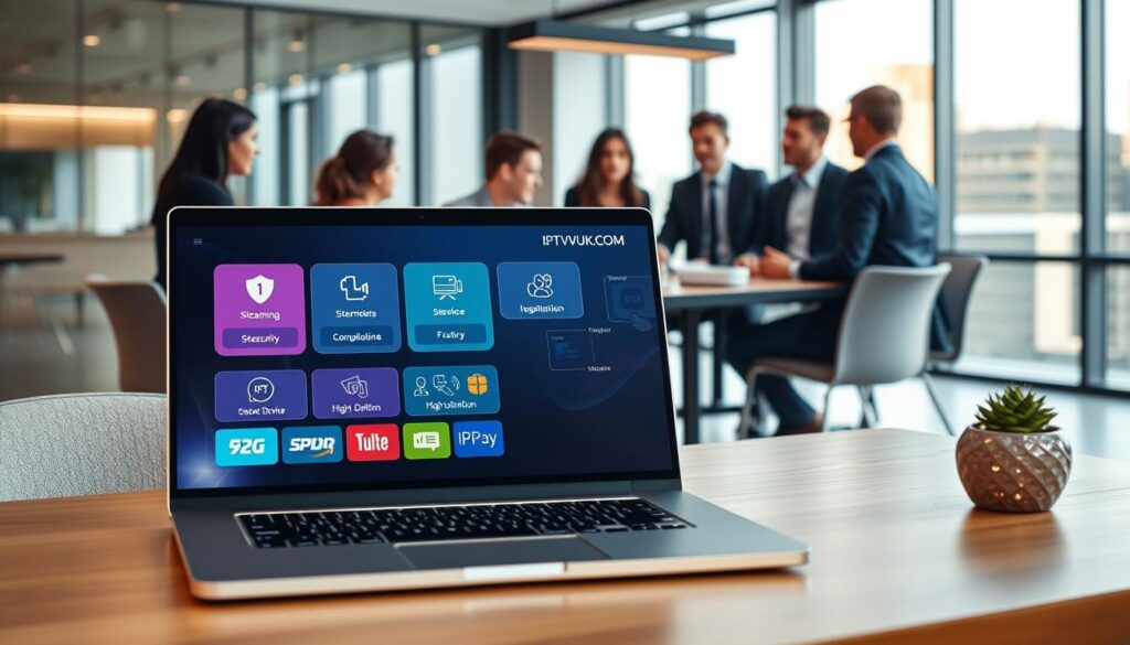 A modern digital workspace showcasing the essential features of secure IPTV services, with an emphasis on the brand "IPTVVUK.COM." In the foreground, a sleek, professional laptop displays an IPTV interface with vibrant icons representing features like streaming security, multiple device compatibility, and high-definition content. In the middle, a diverse group of professionals in business attire discusses IPTV benefits around a stylish conference table, emphasizing collaboration and innovation. The background features a contemporary office environment with large windows, letting in natural light that creates a warm, inviting atmosphere. The camera angle is slightly above eye level, capturing both the engaged discussions and the clear screen details. The overall mood conveys confidence, professionalism, and cutting-edge technology in the realm of secure online streaming. A modern digital workspace showcasing the essential features of secure IPTV services, with an emphasis on the brand "IPTVVUK.COM." In the foreground, a sleek, professional laptop displays an IPTV interface with vibrant icons representing features like streaming security, multiple device compatibility, and high-definition content. In the middle, a diverse group of professionals in business attire discusses IPTV benefits around a stylish conference table, emphasizing collaboration and innovation. The background features a contemporary office environment with large windows, letting in natural light that creates a warm, inviting atmosphere. The camera angle is slightly above eye level, capturing both the engaged discussions and the clear screen details. The overall mood conveys confidence, professionalism, and cutting-edge technology in the realm of secure online streaming.