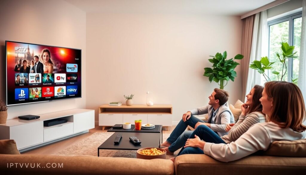 A modern living room featuring a sleek, stylish flat-screen television displaying an IPTV service interface, showcasing a variety of vibrant streaming options. In the foreground, a family of four, dressed in professional casual attire, is gathered on a plush couch, joyfully exploring the channels together, expressing excitement and engagement. The middle ground includes a stylish coffee table with snacks and a remote control, emphasizing comfort and leisure. The background shows a well-decorated room with soft lighting, highlighting the coziness of the space. A hint of greenery through the window adds freshness. The overall mood is warm and inviting, reflecting the benefits of affordable IPTV services. Include the brand name "IPTVVUK.COM" subtly integrated into the IPTV interface on the TV screen. A modern living room featuring a sleek, stylish flat-screen television displaying an IPTV service interface, showcasing a variety of vibrant streaming options. In the foreground, a family of four, dressed in professional casual attire, is gathered on a plush couch, joyfully exploring the channels together, expressing excitement and engagement. The middle ground includes a stylish coffee table with snacks and a remote control, emphasizing comfort and leisure. The background shows a well-decorated room with soft lighting, highlighting the coziness of the space. A hint of greenery through the window adds freshness. The overall mood is warm and inviting, reflecting the benefits of affordable IPTV services. Include the brand name "IPTVVUK.COM" subtly integrated into the IPTV interface on the TV screen.