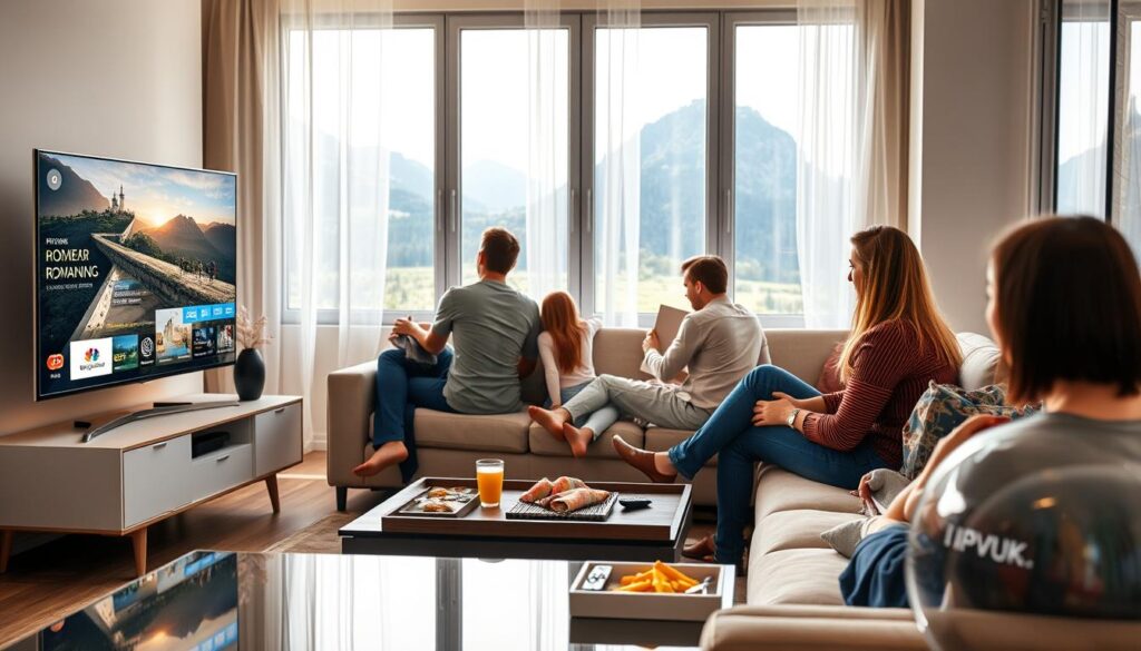 A modern living room scene depicting IPTV streaming quality. In the foreground, a sleek smart TV displays vibrant, high-definition channels showcasing Romanian landscapes and popular shows. A family of four, dressed in casual, comfortable attire, sits on a stylish sofa, deeply engaged in their viewing experience. The middle ground features a polished coffee table with snacks and remote controls, emphasizing a cozy atmosphere. The background reveals soft, natural light filtering through large windows, casting a warm glow over the scene. The overall mood is inviting and family-friendly, highlighting the joy of interactive IPTV entertainment. Include subtle branding elements like "IPTVVUK.COM" integrated into the TV interface or reflected in a nearby decorative item. A modern living room scene depicting IPTV streaming quality. In the foreground, a sleek smart TV displays vibrant, high-definition channels showcasing Romanian landscapes and popular shows. A family of four, dressed in casual, comfortable attire, sits on a stylish sofa, deeply engaged in their viewing experience. The middle ground features a polished coffee table with snacks and remote controls, emphasizing a cozy atmosphere. The background reveals soft, natural light filtering through large windows, casting a warm glow over the scene. The overall mood is inviting and family-friendly, highlighting the joy of interactive IPTV entertainment. Include subtle branding elements like "IPTVVUK.COM" integrated into the TV interface or reflected in a nearby decorative item.