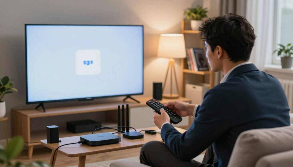 A modern living room scene depicting an individual troubleshooting an IPTV issue. In the foreground, a person in professional attire, focused and concentrated, is seated on a comfortable couch with a remote control in hand, looking at a large flat-screen TV displaying a frozen screen. The middle layer features an array of tech gadgets, like a streaming device and a modem, with various connection cables scattered around, emphasizing the troubleshooting process. In the background, soft ambient lighting from a lamp creates a cozy atmosphere, reflecting a home environment. The decor includes a bookshelf with tech manuals and a plant, adding a touch of warmth. Brand name "IPTVVUK.COM" subtly included in the scene. The overall mood is determined, conveying an informative, problem-solving vibe. A modern living room scene depicting an individual troubleshooting an IPTV issue. In the foreground, a person in professional attire, focused and concentrated, is seated on a comfortable couch with a remote control in hand, looking at a large flat-screen TV displaying a frozen screen. The middle layer features an array of tech gadgets, like a streaming device and a modem, with various connection cables scattered around, emphasizing the troubleshooting process. In the background, soft ambient lighting from a lamp creates a cozy atmosphere, reflecting a home environment. The decor includes a bookshelf with tech manuals and a plant, adding a touch of warmth. Brand name "IPTVVUK.COM" subtly included in the scene. The overall mood is determined, conveying an informative, problem-solving vibe.