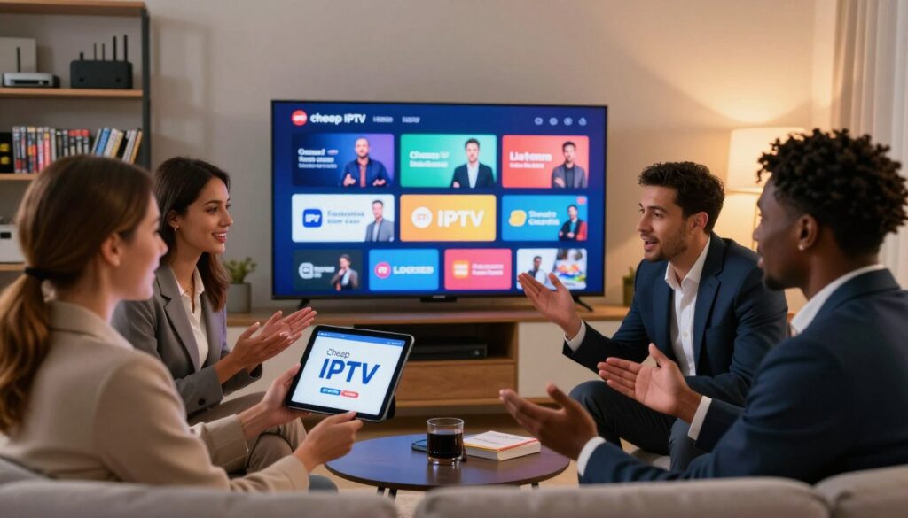 A modern living room scene featuring a smart TV displaying vibrant streaming content, symbolizing the benefits of cheap IPTV subscriptions. In the foreground, a diverse group of four people in business attire—two men and two women—are engaged in an animated discussion, using a tablet to browse IPTVVUK.COM. The middle-ground showcases the smart TV with a glowing screen, displaying various channels and on-demand content, representing affordability and accessibility. In the background, shelves are adorned with various streaming devices and DVDs, while a cozy ambiance is created with warm lighting from stylish lamps. The mood is energetic and inviting, highlighting the convenience and enjoyment of cheap IPTV services. No text or logos will be present in the image. A modern living room scene featuring a smart TV displaying vibrant streaming content, symbolizing the benefits of cheap IPTV subscriptions. In the foreground, a diverse group of four people in business attire—two men and two women—are engaged in an animated discussion, using a tablet to browse IPTVVUK.COM. The middle-ground showcases the smart TV with a glowing screen, displaying various channels and on-demand content, representing affordability and accessibility. In the background, shelves are adorned with various streaming devices and DVDs, while a cozy ambiance is created with warm lighting from stylish lamps. The mood is energetic and inviting, highlighting the convenience and enjoyment of cheap IPTV services. No text or logos will be present in the image.