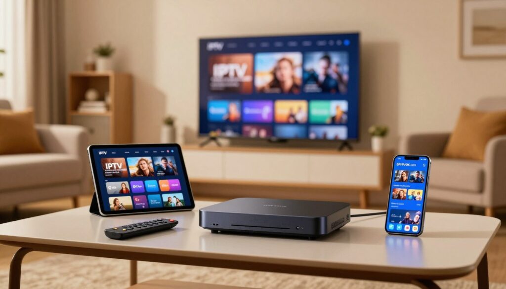 A modern living room scene illuminated by soft, warm lighting, showcasing various IPTV devices on a sleek coffee table. In the foreground, a high-tech IPTV set-top box with a remote controller, alongside a tablet and smartphone displaying IPTVVUK.COM interface. In the middle ground, a smart TV mounted on the wall, streaming content from IPTV services. The background features a cozy sofa with subtle decorative elements, such as cushions and a small bookshelf, enhancing the relaxed atmosphere. The lens perspective is slightly low, capturing the devices prominently while giving a homely feel. The overall mood is inviting and tech-savvy, reflecting a blend of comfort and modernity in entertainment options. A modern living room scene illuminated by soft, warm lighting, showcasing various IPTV devices on a sleek coffee table. In the foreground, a high-tech IPTV set-top box with a remote controller, alongside a tablet and smartphone displaying IPTVVUK.COM interface. In the middle ground, a smart TV mounted on the wall, streaming content from IPTV services. The background features a cozy sofa with subtle decorative elements, such as cushions and a small bookshelf, enhancing the relaxed atmosphere. The lens perspective is slightly low, capturing the devices prominently while giving a homely feel. The overall mood is inviting and tech-savvy, reflecting a blend of comfort and modernity in entertainment options.