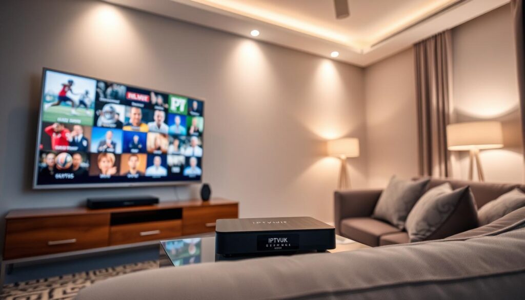 A modern living room scene showcasing IPTV live TV streaming services in action. In the foreground, a high-definition flat-screen television displays vibrant images of various live channels, including sports, movies, and news. The middle layer features a sleek, contemporary entertainment center with a streaming device labeled "IPTVVUK.COM" prominently visible. In the background, soft lighting emanates from stylish lamps, creating a warm and inviting atmosphere. A plush couch is adorned with modern cushions, suggesting comfort and relaxation. The camera angle is slightly elevated, capturing the full essence of the scene. The overall mood is engaging and dynamic, reflecting the convenience and variety that IPTV services offer to users in their homes. A modern living room scene showcasing IPTV live TV streaming services in action. In the foreground, a high-definition flat-screen television displays vibrant images of various live channels, including sports, movies, and news. The middle layer features a sleek, contemporary entertainment center with a streaming device labeled "IPTVVUK.COM" prominently visible. In the background, soft lighting emanates from stylish lamps, creating a warm and inviting atmosphere. A plush couch is adorned with modern cushions, suggesting comfort and relaxation. The camera angle is slightly elevated, capturing the full essence of the scene. The overall mood is engaging and dynamic, reflecting the convenience and variety that IPTV services offer to users in their homes.