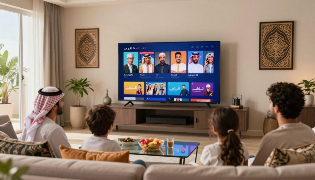 A modern living room scene showcasing a family enjoying IPTV services on a sleek flat-screen TV, displaying Arabic TV channels. In the foreground, a comfortable sofa with decorative cushions, and a glass coffee table with snacks. The middle layer features the TV with clear imagery of vibrant Arabic programming. Soft, ambient lighting enhances the inviting atmosphere, while a window in the background reveals a bright, sunny day outside. The decor combines traditional and contemporary elements, like Arabic-inspired art on the walls. Include a subtle logo of "IPTVVUK.COM" in the corner of the TV screen, ensuring it’s visually appealing but not overpowering. The scene captures a joyful mood, emphasizing family togetherness and the richness of Arabic culture through television. A modern living room scene showcasing a family enjoying IPTV services on a sleek flat-screen TV, displaying Arabic TV channels. In the foreground, a comfortable sofa with decorative cushions, and a glass coffee table with snacks. The middle layer features the TV with clear imagery of vibrant Arabic programming. Soft, ambient lighting enhances the inviting atmosphere, while a window in the background reveals a bright, sunny day outside. The decor combines traditional and contemporary elements, like Arabic-inspired art on the walls. Include a subtle logo of "IPTVVUK.COM" in the corner of the TV screen, ensuring it’s visually appealing but not overpowering. The scene captures a joyful mood, emphasizing family togetherness and the richness of Arabic culture through television.