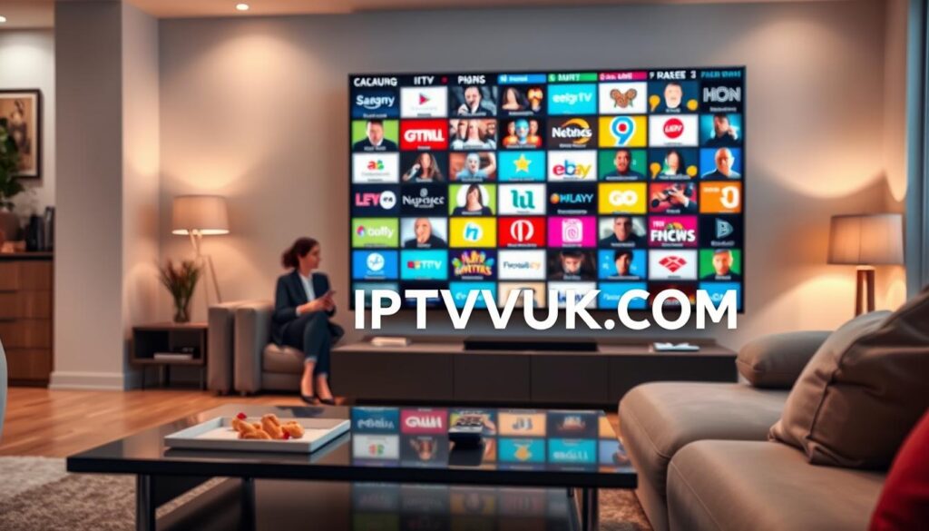 A modern living room scene, showcasing a large flat-screen TV displaying various vibrant IPTV channel icons in a grid layout, emphasizing the diversity of content. In the foreground, a sleek coffee table with a remote control and snacks, inviting an atmosphere of relaxation. The middle ground features a comfortable sofa with professional-looking individuals, casually dressed, engrossed in watching the TV. The background reveals a cozy home environment with warm lighting, soft shadows, and stylish decor, creating a welcoming vibe. The image should have a slightly blurred aesthetic to focus on the dynamic TV display while retaining the warmth of the living space. Include the brand name "IPTVVUK.COM" subtly integrated into the TV display, ensuring a harmonious design without overpowering the scene. A modern living room scene, showcasing a large flat-screen TV displaying various vibrant IPTV channel icons in a grid layout, emphasizing the diversity of content. In the foreground, a sleek coffee table with a remote control and snacks, inviting an atmosphere of relaxation. The middle ground features a comfortable sofa with professional-looking individuals, casually dressed, engrossed in watching the TV. The background reveals a cozy home environment with warm lighting, soft shadows, and stylish decor, creating a welcoming vibe. The image should have a slightly blurred aesthetic to focus on the dynamic TV display while retaining the warmth of the living space. Include the brand name "IPTVVUK.COM" subtly integrated into the TV display, ensuring a harmonious design without overpowering the scene.