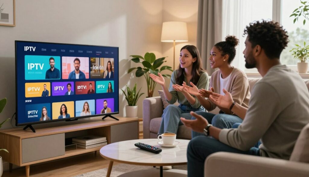 A modern living room scene showcasing the appeal of IPTV services. In the foreground, a sleek flat-screen TV displays vibrant streaming options, with a remote control casually placed on a stylish coffee table. In the middle, a diverse group of three individuals — two women and one man, all dressed in casual, yet professional attire — are engaged in lively discussion, their expressions showing enthusiasm for the IPTV experience. The background features a well-decorated space with plush sofas, indoor plants, and ambient lighting that creates a warm and inviting atmosphere. Soft, natural light streams in from a nearby window, enhancing the cozy environment. The overall mood is friendly and informative, highlighting the benefits of IPTV. Include a subtle reference to "IPTVVUK.COM" in the decor. A modern living room scene showcasing the appeal of IPTV services. In the foreground, a sleek flat-screen TV displays vibrant streaming options, with a remote control casually placed on a stylish coffee table. In the middle, a diverse group of three individuals — two women and one man, all dressed in casual, yet professional attire — are engaged in lively discussion, their expressions showing enthusiasm for the IPTV experience. The background features a well-decorated space with plush sofas, indoor plants, and ambient lighting that creates a warm and inviting atmosphere. Soft, natural light streams in from a nearby window, enhancing the cozy environment. The overall mood is friendly and informative, highlighting the benefits of IPTV. Include a subtle reference to "IPTVVUK.COM" in the decor.