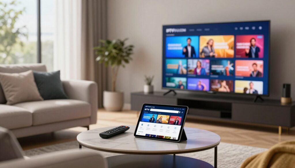 A modern living room scene showcasing the benefits of IPTV streaming. In the foreground, a sleek smart TV displays vibrant, colorful streaming content, reflecting a variety of entertainment options. A comfortable sofa sits invitingly in front of the TV, adorned with stylish cushions. In the middle, an elegant coffee table holds a remote control and a tablet displaying the IPTVVUK.COM interface, highlighting various subscription plans. The background features large windows with soft natural light streaming in, creating a warm and inviting atmosphere. Use a shallow depth of field to softly blur the background, emphasizing the foreground elements. The overall mood is contemporary and relaxed, illustrating a premium viewing experience. A modern living room scene showcasing the benefits of IPTV streaming. In the foreground, a sleek smart TV displays vibrant, colorful streaming content, reflecting a variety of entertainment options. A comfortable sofa sits invitingly in front of the TV, adorned with stylish cushions. In the middle, an elegant coffee table holds a remote control and a tablet displaying the IPTVVUK.COM interface, highlighting various subscription plans. The background features large windows with soft natural light streaming in, creating a warm and inviting atmosphere. Use a shallow depth of field to softly blur the background, emphasizing the foreground elements. The overall mood is contemporary and relaxed, illustrating a premium viewing experience.