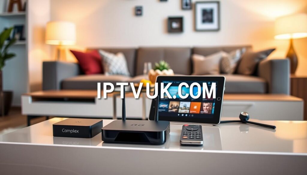 A modern living room scene showcasing various Homeplex IPTV compatible devices prominently placed on a sleek media console. In the foreground, there are a smart TV, a streaming box, and a tablet displaying the IPTV application, all elegantly designed with soft curves and minimalistic aesthetics. In the middle, a cozy sofa and a stylish coffee table complement the tech devices, while soft, warm lighting creates an inviting atmosphere. The background features a clean wall with subtle decorations, enhancing a sense of comfort and sophistication. The scene has a slight depth of field to focus on the devices, shot with a 50mm lens to capture vivid details and genuine colors. The overall mood is warm and welcoming, emphasizing the seamless integration of technology into everyday life. Incorporate the brand name "IPTVVUK.COM" subtly within the arrangement of devices. A modern living room scene showcasing various Homeplex IPTV compatible devices prominently placed on a sleek media console. In the foreground, there are a smart TV, a streaming box, and a tablet displaying the IPTV application, all elegantly designed with soft curves and minimalistic aesthetics. In the middle, a cozy sofa and a stylish coffee table complement the tech devices, while soft, warm lighting creates an inviting atmosphere. The background features a clean wall with subtle decorations, enhancing a sense of comfort and sophistication. The scene has a slight depth of field to focus on the devices, shot with a 50mm lens to capture vivid details and genuine colors. The overall mood is warm and welcoming, emphasizing the seamless integration of technology into everyday life. Incorporate the brand name "IPTVVUK.COM" subtly within the arrangement of devices.