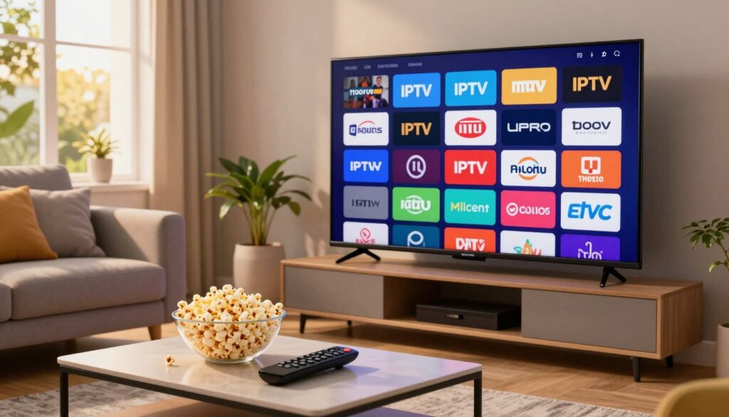 A modern living room setting featuring a sleek, large flat-screen TV displaying various IPTV channels' logos in a vibrant, colorful mosaic. In the foreground, a stylish coffee table holds a remote control and a bowl of popcorn, suggesting a relaxed viewing experience. The middle ground showcases a cozy couch with plush cushions and a small potted plant, while warm, ambient lighting bathes the scene, creating an inviting atmosphere. In the background, a window reveals a sunny day, enhancing the feeling of a perfect day for streaming. The overall ambiance is friendly and casual, perfectly reflecting the excitement of exploring legal streaming options. The brand name "IPTVVUK.COM" subtly integrated into the TV screen's design. A modern living room setting featuring a sleek, large flat-screen TV displaying various IPTV channels' logos in a vibrant, colorful mosaic. In the foreground, a stylish coffee table holds a remote control and a bowl of popcorn, suggesting a relaxed viewing experience. The middle ground showcases a cozy couch with plush cushions and a small potted plant, while warm, ambient lighting bathes the scene, creating an inviting atmosphere. In the background, a window reveals a sunny day, enhancing the feeling of a perfect day for streaming. The overall ambiance is friendly and casual, perfectly reflecting the excitement of exploring legal streaming options. The brand name "IPTVVUK.COM" subtly integrated into the TV screen's design.
