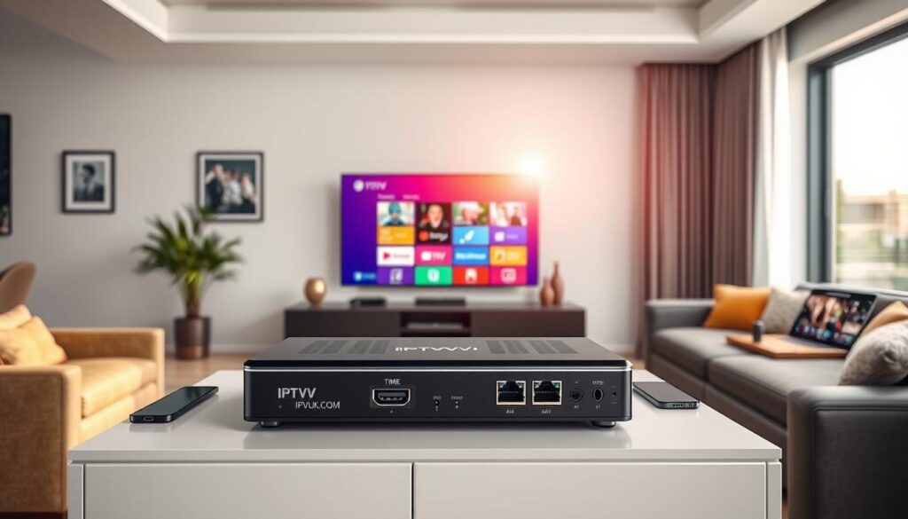 A modern living room setting featuring an IPTV device prominently displayed on a sleek entertainment unit. In the foreground, the IPTV device, designed with a sleek black casing, has multiple ports visible, including HDMI and Ethernet. In the middle, a large flat-screen television shows a vibrant streaming interface, showcasing various apps. Surrounding the room, stylish furniture and decorative elements create a cozy atmosphere. Natural sunlight streams in through a window, adding warmth and inviting a sense of comfort. In the background, there are different compatible devices, like tablets, a smartphone, and a laptop, all connected to the IPTV device. The overall lighting is bright and cheerful, enhancing the modernity of the space. The brand name "IPTVVUK.COM" is subtly included on the device. A modern living room setting featuring an IPTV device prominently displayed on a sleek entertainment unit. In the foreground, the IPTV device, designed with a sleek black casing, has multiple ports visible, including HDMI and Ethernet. In the middle, a large flat-screen television shows a vibrant streaming interface, showcasing various apps. Surrounding the room, stylish furniture and decorative elements create a cozy atmosphere. Natural sunlight streams in through a window, adding warmth and inviting a sense of comfort. In the background, there are different compatible devices, like tablets, a smartphone, and a laptop, all connected to the IPTV device. The overall lighting is bright and cheerful, enhancing the modernity of the space. The brand name "IPTVVUK.COM" is subtly included on the device.