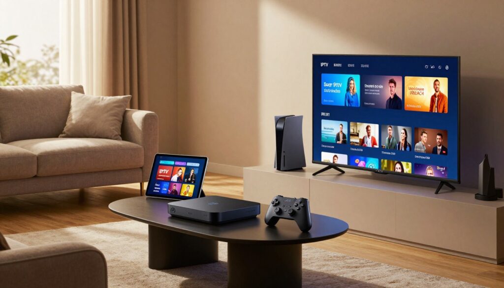 A modern living room setting featuring various IPTV compatible devices arranged neatly on a sleek entertainment unit. In the foreground, a smart TV displays a vibrant interface showcasing streaming options. To the side, a streaming media player, a tablet, and a gaming console are prominently placed. In the middle, a comfortable sofa and a stylish coffee table create a cozy atmosphere, inviting viewers to imagine a relaxing viewing experience. The background shows a softly lit room with warm tones, illuminated by natural light streaming through a window. A subtle glow from the electronics adds a tech-savvy feel. The overall mood is inviting and contemporary, perfectly capturing the essence of IPTV compatibility for home entertainment. The brand "IPTVVUK.COM" is subtly integrated into the design of one device. A modern living room setting featuring various IPTV compatible devices arranged neatly on a sleek entertainment unit. In the foreground, a smart TV displays a vibrant interface showcasing streaming options. To the side, a streaming media player, a tablet, and a gaming console are prominently placed. In the middle, a comfortable sofa and a stylish coffee table create a cozy atmosphere, inviting viewers to imagine a relaxing viewing experience. The background shows a softly lit room with warm tones, illuminated by natural light streaming through a window. A subtle glow from the electronics adds a tech-savvy feel. The overall mood is inviting and contemporary, perfectly capturing the essence of IPTV compatibility for home entertainment. The brand "IPTVVUK.COM" is subtly integrated into the design of one device.