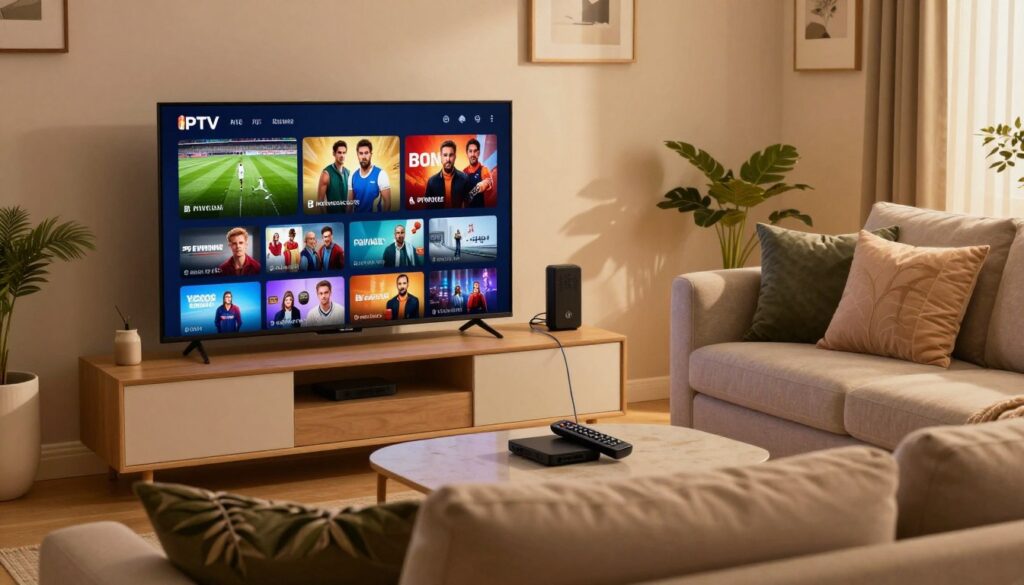 A modern living room setting, illuminated by soft, warm lighting that enhances a cozy atmosphere. In the foreground, a sleek television displays vibrant visuals of IPTV streaming, showcasing a variety of channels like sports, movies, and shows, with a clear emphasis on high quality. A comfortable sofa with stylish throw pillows invites relaxation, and a coffee table features a remote control branded "IPTVVUK.COM". In the middle, a subtle display of streaming devices and cables represents modern technology. The background includes decorative elements like plants and art pieces, lending an inviting feel. The scene captures the essence of family or friends enjoying IPTV in a contemporary home, evoking a sense of comfort and entertainment. The angle is slightly overhead, adding depth to the composition while focusing on the screen's clarity and detail. A modern living room setting, illuminated by soft, warm lighting that enhances a cozy atmosphere. In the foreground, a sleek television displays vibrant visuals of IPTV streaming, showcasing a variety of channels like sports, movies, and shows, with a clear emphasis on high quality. A comfortable sofa with stylish throw pillows invites relaxation, and a coffee table features a remote control branded "IPTVVUK.COM". In the middle, a subtle display of streaming devices and cables represents modern technology. The background includes decorative elements like plants and art pieces, lending an inviting feel. The scene captures the essence of family or friends enjoying IPTV in a contemporary home, evoking a sense of comfort and entertainment. The angle is slightly overhead, adding depth to the composition while focusing on the screen's clarity and detail.