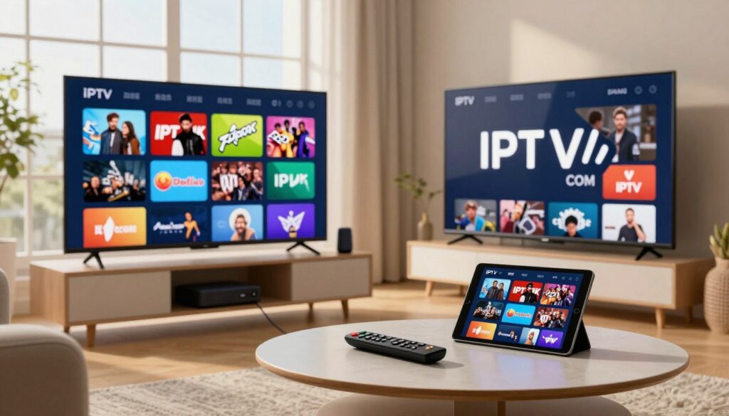 A modern living room setting showcasing IPTV services in an engaging and organized layout. In the foreground, a sleek flat-screen TV displays the IPTVVUK.COM logo prominently, surrounded by a variety of vibrant channel icons illustrating legal streaming options like movies, sports, and documentaries. In the middle, a stylish coffee table holds a contemporary remote control and a tablet displaying more streaming content. The background features a cozy sofa with a streaming device connected to the TV, and large windows letting in warm, natural light that creates an inviting atmosphere. Overall, the mood is professional yet accessible, emphasizing the legality and enjoyment of IPTV services. A modern living room setting showcasing IPTV services in an engaging and organized layout. In the foreground, a sleek flat-screen TV displays the IPTVVUK.COM logo prominently, surrounded by a variety of vibrant channel icons illustrating legal streaming options like movies, sports, and documentaries. In the middle, a stylish coffee table holds a contemporary remote control and a tablet displaying more streaming content. The background features a cozy sofa with a streaming device connected to the TV, and large windows letting in warm, natural light that creates an inviting atmosphere. Overall, the mood is professional yet accessible, emphasizing the legality and enjoyment of IPTV services.
