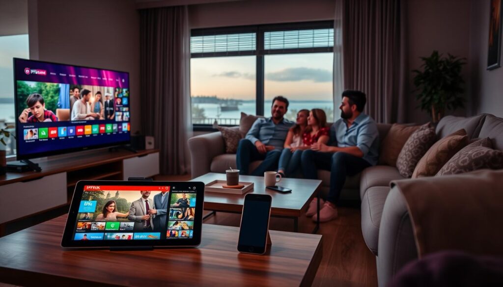A modern living room setting showcasing IPTV streaming on multiple devices. In the foreground, a sleek smart TV displays vibrant streaming content, while a tablet and smartphone on a stylish coffee table also show the IPTVVUK.COM interface. In the middle ground, a family is comfortably seated on a plush sofa, dressed in modest casual clothing, engaged in the streaming experience. Soft, ambient lighting bathes the room, creating a warm and inviting atmosphere complemented by cozy decor. In the background, a window reveals a serene outdoor view, adding depth to the scene. The overall mood is relaxed and contemporary, emphasizing the growing trend of IPTV as an alternative to traditional cable. A modern living room setting showcasing IPTV streaming on multiple devices. In the foreground, a sleek smart TV displays vibrant streaming content, while a tablet and smartphone on a stylish coffee table also show the IPTVVUK.COM interface. In the middle ground, a family is comfortably seated on a plush sofa, dressed in modest casual clothing, engaged in the streaming experience. Soft, ambient lighting bathes the room, creating a warm and inviting atmosphere complemented by cozy decor. In the background, a window reveals a serene outdoor view, adding depth to the scene. The overall mood is relaxed and contemporary, emphasizing the growing trend of IPTV as an alternative to traditional cable.