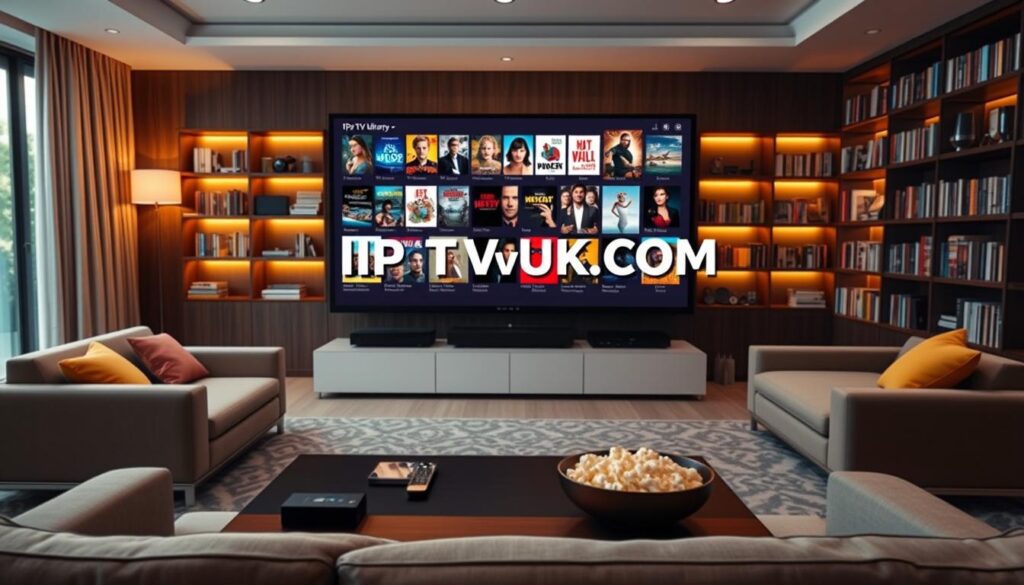 A modern living room setting showcasing an IPTV VOD library, featuring a sleek television displaying a vibrant user interface filled with movie and series thumbnails. In the foreground, a stylish coffee table with a remote control and a bowl of popcorn. The middle ground includes plush seating arrangements, a cozy sofa with colorful cushions, and a sleek shelf packed with various media gadgets. In the background, a large decorative shelf filled with DVDs and Blu-rays, illuminated with warm ambient lighting to create a welcoming atmosphere. Soft natural light filters in through a window, enhancing the relaxed mood of the room. Subtle branding of "IPTVVUK.COM" is incorporated into the TV screen’s user interface, ensuring it seamlessly blends into the scene. A modern living room setting showcasing an IPTV VOD library, featuring a sleek television displaying a vibrant user interface filled with movie and series thumbnails. In the foreground, a stylish coffee table with a remote control and a bowl of popcorn. The middle ground includes plush seating arrangements, a cozy sofa with colorful cushions, and a sleek shelf packed with various media gadgets. In the background, a large decorative shelf filled with DVDs and Blu-rays, illuminated with warm ambient lighting to create a welcoming atmosphere. Soft natural light filters in through a window, enhancing the relaxed mood of the room. Subtle branding of "IPTVVUK.COM" is incorporated into the TV screen’s user interface, ensuring it seamlessly blends into the scene.