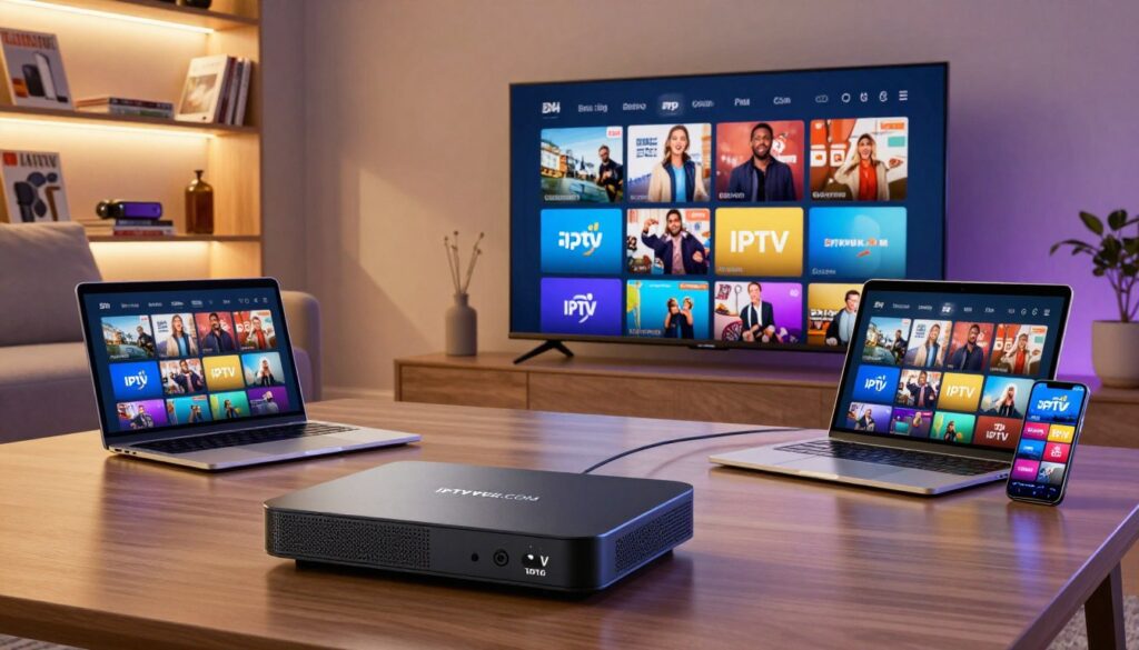 A modern living room setting showcasing multiple devices compatible with IPTV subscriptions. In the foreground, a sleek IPTV device prominently displays the brand "IPTVVUK.COM." The middle ground features a high-definition television, a laptop, a tablet, and a smartphone, each streaming popular IPTV content, with vivid colors illuminating the screens. In the background, a soft-lit bookshelf with tech magazines and a cozy couch creates a welcoming atmosphere. The lighting is warm and inviting, highlighting the devices' screens to emphasize their vibrant streaming capabilities. The angle captures the room dynamically, showcasing a blend of technology and comfort, conveying a sense of modernity and connectivity. The overall mood is relaxed and informative, perfect for illustrating device compatibility for IPTV subscriptions. A modern living room setting showcasing multiple devices compatible with IPTV subscriptions. In the foreground, a sleek IPTV device prominently displays the brand "IPTVVUK.COM." The middle ground features a high-definition television, a laptop, a tablet, and a smartphone, each streaming popular IPTV content, with vivid colors illuminating the screens. In the background, a soft-lit bookshelf with tech magazines and a cozy couch creates a welcoming atmosphere. The lighting is warm and inviting, highlighting the devices' screens to emphasize their vibrant streaming capabilities. The angle captures the room dynamically, showcasing a blend of technology and comfort, conveying a sense of modernity and connectivity. The overall mood is relaxed and informative, perfect for illustrating device compatibility for IPTV subscriptions.