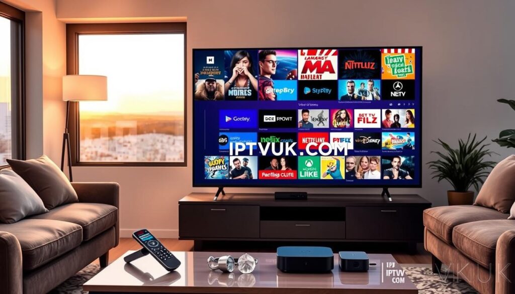 A modern living room setting showcasing various IPTV content options. In the foreground, a sleek smart TV displays a vibrant collage of popular streaming apps and channels, reflecting a diverse range of genres such as movies, sports, and documentaries. In the middle, a stylish coffee table holds a remote control, a tablet, and a streaming device, hinting at user interaction with the IPTV services. The background features a comfortable couch with plush pillows, creating an inviting atmosphere. Soft, warm lighting illuminates the space, enhancing the cozy and contemporary feel. A window shows a glimpse of a serene outdoor view, contributing to a relaxed mood. Subtly include the brand name "IPTVVUK.COM" within the TV display, enhancing the authenticity of the scene without any text overlays or distractions. A modern living room setting showcasing various IPTV content options. In the foreground, a sleek smart TV displays a vibrant collage of popular streaming apps and channels, reflecting a diverse range of genres such as movies, sports, and documentaries. In the middle, a stylish coffee table holds a remote control, a tablet, and a streaming device, hinting at user interaction with the IPTV services. The background features a comfortable couch with plush pillows, creating an inviting atmosphere. Soft, warm lighting illuminates the space, enhancing the cozy and contemporary feel. A window shows a glimpse of a serene outdoor view, contributing to a relaxed mood. Subtly include the brand name "IPTVVUK.COM" within the TV display, enhancing the authenticity of the scene without any text overlays or distractions.