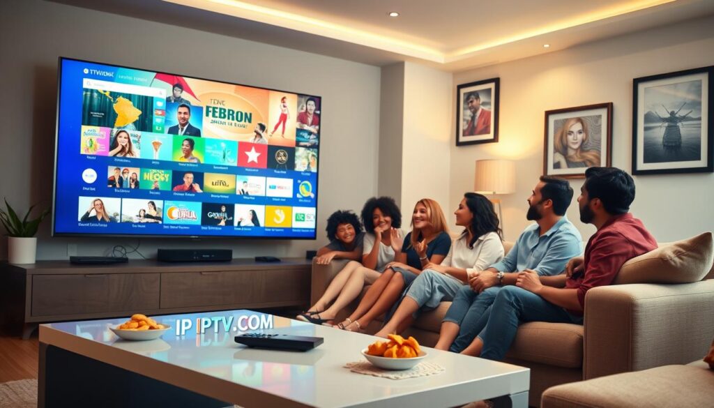 A modern living room setting with a large flat-screen TV displaying vibrant international channels, showcasing a variety of genres and cultures. In the foreground, a sleek coffee table is adorned with snacks and a remote control. In the middle ground, a family of diverse individuals, dressed in modest casual clothing, is gathered on a comfortable sofa, excitedly watching the screen together. The background features stylish decor, including framed art from different countries. Soft, warm lighting creates an inviting atmosphere, and a wide-angle view captures the entire scene. Emphasize the brand "IPTVVUK.COM" subtly integrated into the TV screen display, illustrating the content libraries and entertainment options accessible to viewers. A modern living room setting with a large flat-screen TV displaying vibrant international channels, showcasing a variety of genres and cultures. In the foreground, a sleek coffee table is adorned with snacks and a remote control. In the middle ground, a family of diverse individuals, dressed in modest casual clothing, is gathered on a comfortable sofa, excitedly watching the screen together. The background features stylish decor, including framed art from different countries. Soft, warm lighting creates an inviting atmosphere, and a wide-angle view captures the entire scene. Emphasize the brand "IPTVVUK.COM" subtly integrated into the TV screen display, illustrating the content libraries and entertainment options accessible to viewers.