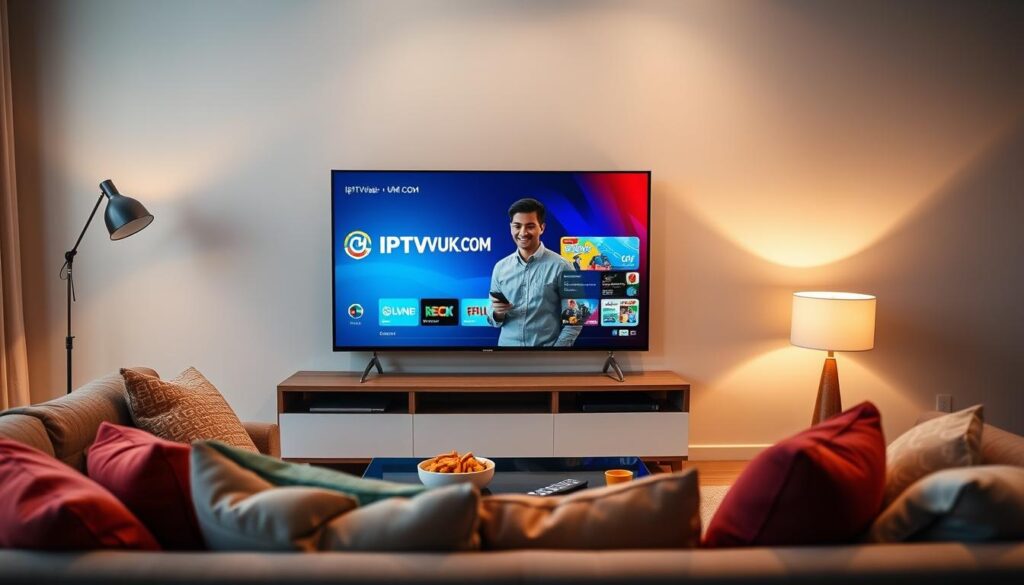 A modern living room setting with a sleek flat-screen TV prominently displaying the IPTVVUK.COM logo. In the foreground, a cozy couch with colorful pillows invites viewers to sit down and enjoy streaming. A stylish coffee table is adorned with snacks and a remote control, symbolizing a user-friendly experience. The middle layer features a user, a young adult in professional casual attire, happily navigating through the IPTV interface on the screen, showcasing ease of use. The background includes warm lighting from floor lamps, creating an inviting atmosphere. Soft shadows enhance the depth, and the scene is captured from a slightly elevated angle, conveying a sense of comfort and accessibility for beginners exploring IPTV services. A modern living room setting with a sleek flat-screen TV prominently displaying the IPTVVUK.COM logo. In the foreground, a cozy couch with colorful pillows invites viewers to sit down and enjoy streaming. A stylish coffee table is adorned with snacks and a remote control, symbolizing a user-friendly experience. The middle layer features a user, a young adult in professional casual attire, happily navigating through the IPTV interface on the screen, showcasing ease of use. The background includes warm lighting from floor lamps, creating an inviting atmosphere. Soft shadows enhance the depth, and the scene is captured from a slightly elevated angle, conveying a sense of comfort and accessibility for beginners exploring IPTV services.
