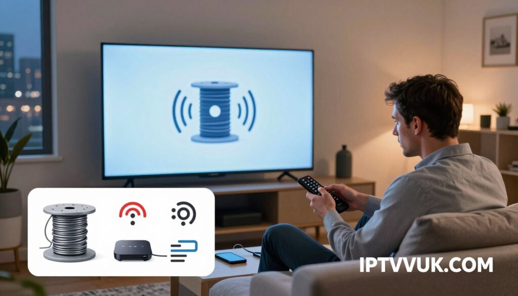 A modern living room setup centered around a sleek, large flat-screen television displaying a spinning buffering icon. In the foreground, a frustrated user, a Caucasian man in business casual attire, is seated on a comfortable sofa, gripping a remote control, surrounded by various devices like a streaming box, cables, and a smartphone. The middle ground features an infographic-style overlay highlighting common buffering issues, represented by graphics of spools of wire, signals, and error messages related to cheap IPTV services. In the background, soft ambient lighting creates a cozy atmosphere, with a window showing a city skyline. The brand name "IPTVVUK.COM" is subtly integrated into the image, emphasizing the context without overpowering the scene. A modern living room setup centered around a sleek, large flat-screen television displaying a spinning buffering icon. In the foreground, a frustrated user, a Caucasian man in business casual attire, is seated on a comfortable sofa, gripping a remote control, surrounded by various devices like a streaming box, cables, and a smartphone. The middle ground features an infographic-style overlay highlighting common buffering issues, represented by graphics of spools of wire, signals, and error messages related to cheap IPTV services. In the background, soft ambient lighting creates a cozy atmosphere, with a window showing a city skyline. The brand name "IPTVVUK.COM" is subtly integrated into the image, emphasizing the context without overpowering the scene.