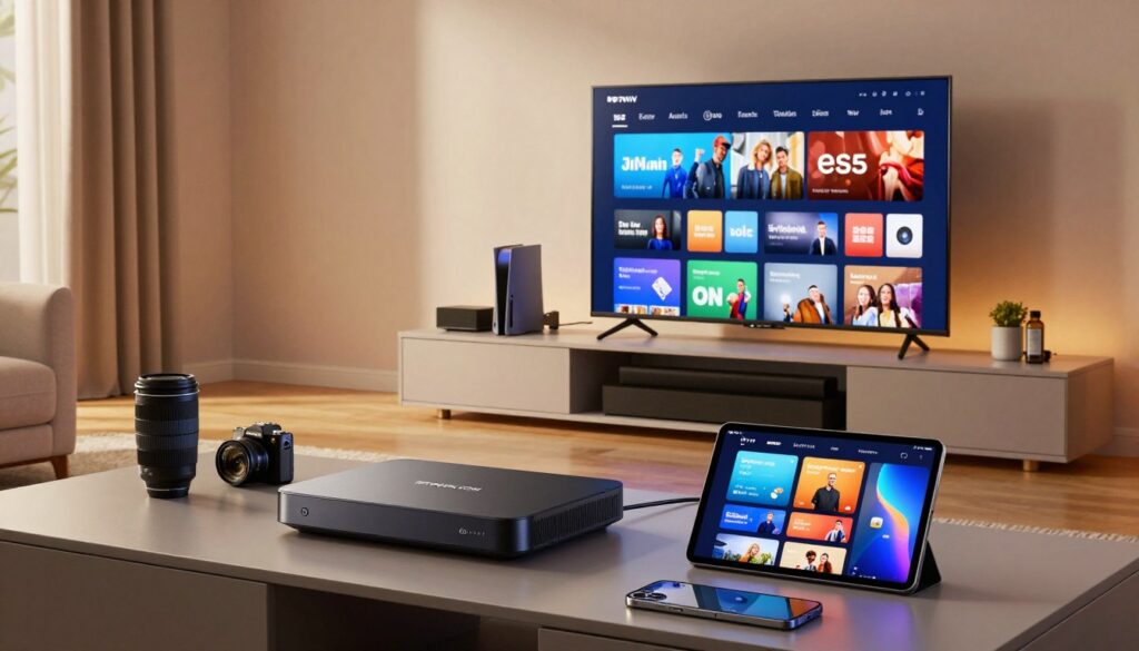 A modern living room setup featuring IPTV compatible devices prominently displayed. In the foreground, a sleek, modern IPTV set-top box sits beside a high-quality smart TV that showcases a vibrant streaming interface. A stylish tablet and smartphone with streaming apps are also positioned nearby. In the middle ground, a well-organized entertainment center with cables neatly arranged and a variety of devices like a soundbar and gaming console enhances the tech-savvy atmosphere. The background features a softly illuminated room with warm ambient lighting, creating a cozy yet contemporary mood. Use a wide-angle lens to capture the entire scene, emphasizing the harmony of technology and comfort. The brand name "IPTVVUK.COM" appears subtly on the devices, reinforcing a focus on IPTV subscriptions. A modern living room setup featuring IPTV compatible devices prominently displayed. In the foreground, a sleek, modern IPTV set-top box sits beside a high-quality smart TV that showcases a vibrant streaming interface. A stylish tablet and smartphone with streaming apps are also positioned nearby. In the middle ground, a well-organized entertainment center with cables neatly arranged and a variety of devices like a soundbar and gaming console enhances the tech-savvy atmosphere. The background features a softly illuminated room with warm ambient lighting, creating a cozy yet contemporary mood. Use a wide-angle lens to capture the entire scene, emphasizing the harmony of technology and comfort. The brand name "IPTVVUK.COM" appears subtly on the devices, reinforcing a focus on IPTV subscriptions.