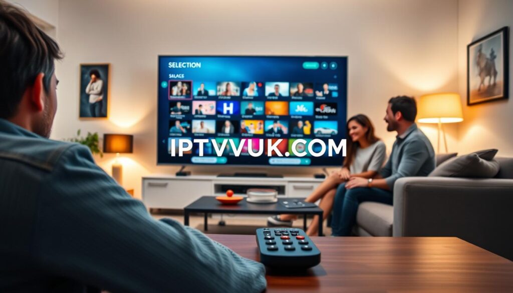 A modern living room setup featuring a large flat-screen TV displaying a vibrant IPTV channel selection interface. In the foreground, a sleek remote control rests on a stylish coffee table, emphasizing consumer choice. In the middle ground, a family enjoys the selection process, dressed in comfortable, modest clothing, engaged in lively discussion about their viewing options. The background showcases a cozy, well-lit space with contemporary decor, ambient lighting emanating from stylish lamps casting a warm glow. The scene captures the excitement of choosing IPTV channels, emphasizing family interaction and modern technology. The brand name "IPTVVUK.COM" subtly integrated into the TV interface, enhancing the focus on IPTV providers without any text overlays or distractions. A modern living room setup featuring a large flat-screen TV displaying a vibrant IPTV channel selection interface. In the foreground, a sleek remote control rests on a stylish coffee table, emphasizing consumer choice. In the middle ground, a family enjoys the selection process, dressed in comfortable, modest clothing, engaged in lively discussion about their viewing options. The background showcases a cozy, well-lit space with contemporary decor, ambient lighting emanating from stylish lamps casting a warm glow. The scene captures the excitement of choosing IPTV channels, emphasizing family interaction and modern technology. The brand name "IPTVVUK.COM" subtly integrated into the TV interface, enhancing the focus on IPTV providers without any text overlays or distractions.