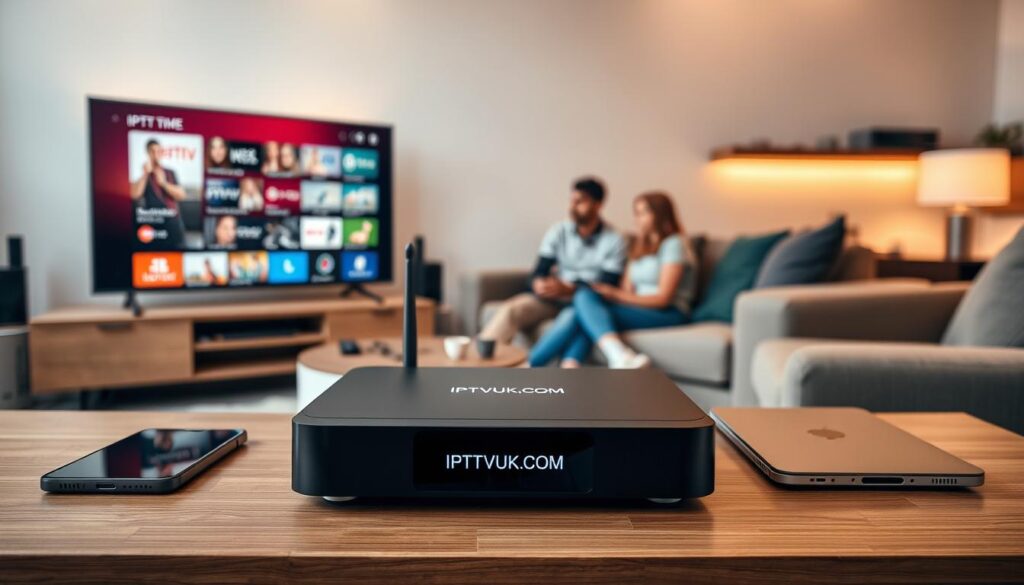 A modern living room setup featuring a sleek IPTV device labeled "IPTVVUK.COM" prominently on a stylish entertainment center. In the foreground, the IPTV device displays vibrant menu options on a large flat-screen TV. Surrounding the television are various compatible devices: a smartphone, tablet, and laptop, showcasing the versatility of the IPTV service. The middle ground features a cozy couch with a couple, dressed in casual, comfortable clothing, discussing their viewing options. The background includes soft ambient lighting, emphasizing a welcoming atmosphere. Use a wide-angle lens perspective to capture the entire scene, promoting a feeling of connectivity and convenience. The color palette should be warm and inviting, enhancing the mood of family-oriented entertainment. A modern living room setup featuring a sleek IPTV device labeled "IPTVVUK.COM" prominently on a stylish entertainment center. In the foreground, the IPTV device displays vibrant menu options on a large flat-screen TV. Surrounding the television are various compatible devices: a smartphone, tablet, and laptop, showcasing the versatility of the IPTV service. The middle ground features a cozy couch with a couple, dressed in casual, comfortable clothing, discussing their viewing options. The background includes soft ambient lighting, emphasizing a welcoming atmosphere. Use a wide-angle lens perspective to capture the entire scene, promoting a feeling of connectivity and convenience. The color palette should be warm and inviting, enhancing the mood of family-oriented entertainment.