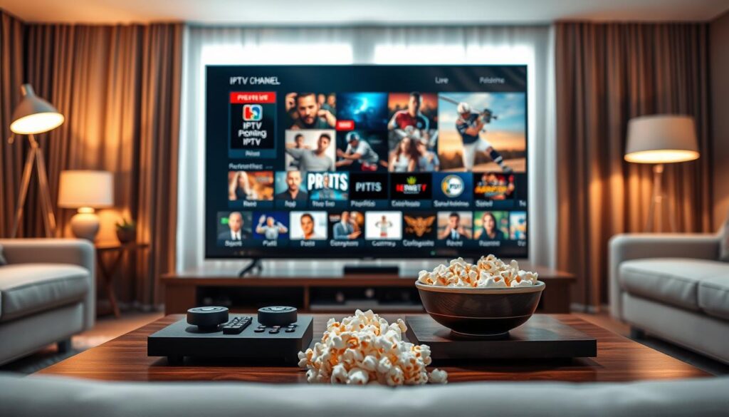 A modern living room setup featuring a sleek flat-screen TV displaying various IPTV live channels, with an emphasis on vibrant 4K content. In the foreground, a coffee table adorned with remote controls and a bowl of popcorn creates a warm, inviting setting. In the middle, a dynamic array of channel thumbnails or icons showcases genres like sports, movies, and documentaries, reflecting premium IPTV options. The background features cozy furnishings, soft lighting emanating from stylish lamps, and a blurred view of a window with natural light streaming in. The atmosphere is relaxed yet engaging, inviting viewers to immerse themselves in the diverse content libraries offered by IPTVVUK.COM. The composition captures the essence of a premium viewing experience with a focus on entertainment and comfort. A modern living room setup featuring a sleek flat-screen TV displaying various IPTV live channels, with an emphasis on vibrant 4K content. In the foreground, a coffee table adorned with remote controls and a bowl of popcorn creates a warm, inviting setting. In the middle, a dynamic array of channel thumbnails or icons showcases genres like sports, movies, and documentaries, reflecting premium IPTV options. The background features cozy furnishings, soft lighting emanating from stylish lamps, and a blurred view of a window with natural light streaming in. The atmosphere is relaxed yet engaging, inviting viewers to immerse themselves in the diverse content libraries offered by IPTVVUK.COM. The composition captures the essence of a premium viewing experience with a focus on entertainment and comfort.