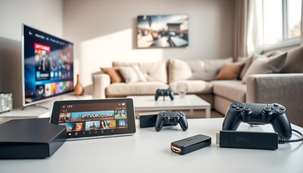 A modern living room setup featuring diverse devices showcasing IPTV compatibility. In the foreground, a sleek smart TV displays a streaming interface, while a tablet and smartphone sit on a stylish coffee table, displaying the IPTVVUK.COM logo. In the middle, a gaming console and a streaming stick are connected to the TV, highlighting various connection types like HDMI and USB. The background features a cozy sofa and soft lighting, creating a warm, inviting atmosphere. Use natural light coming from a nearby window, creating a bright and airy feel. The camera angle should be slightly elevated, capturing the whole scene and emphasizing the modern technology of device compatibility in a home setting. A modern living room setup featuring diverse devices showcasing IPTV compatibility. In the foreground, a sleek smart TV displays a streaming interface, while a tablet and smartphone sit on a stylish coffee table, displaying the IPTVVUK.COM logo. In the middle, a gaming console and a streaming stick are connected to the TV, highlighting various connection types like HDMI and USB. The background features a cozy sofa and soft lighting, creating a warm, inviting atmosphere. Use natural light coming from a nearby window, creating a bright and airy feel. The camera angle should be slightly elevated, capturing the whole scene and emphasizing the modern technology of device compatibility in a home setting.