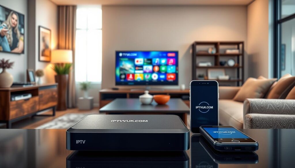 A modern living room setup featuring various IPTV compatible devices. In the foreground, showcase a sleek smart TV displaying a vibrant IPTV interface. On a stylish entertainment center, display a streaming box, a tablet, and a smartphone, all prominently featuring the IPTVVUK.COM logo. In the middle ground, incorporate a cozy sofa and tasteful decor that highlights a tech-savvy atmosphere. The background should include a well-lit window allowing natural light to filter in, creating a warm and inviting ambiance. Use a slightly elevated angle to emphasize the devices while maintaining a comfortable viewing perspective. The overall mood should convey a sense of accessibility and convenience in modern home entertainment. A modern living room setup featuring various IPTV compatible devices. In the foreground, showcase a sleek smart TV displaying a vibrant IPTV interface. On a stylish entertainment center, display a streaming box, a tablet, and a smartphone, all prominently featuring the IPTVVUK.COM logo. In the middle ground, incorporate a cozy sofa and tasteful decor that highlights a tech-savvy atmosphere. The background should include a well-lit window allowing natural light to filter in, creating a warm and inviting ambiance. Use a slightly elevated angle to emphasize the devices while maintaining a comfortable viewing perspective. The overall mood should convey a sense of accessibility and convenience in modern home entertainment.