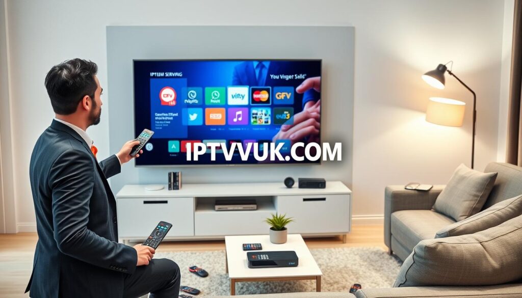 A modern living room setup focused on IPTV Premium Service, showcasing a sleek flat-screen TV displaying a vibrant IPTV interface on the screen. In the foreground, a professional individual dressed in smart business attire is configuring the IPTV box, with colorful remote controls scattered around. The middle ground features a stylish entertainment center adorned with books and decorative gadgets, and a small potted plant adding a touch of greenery. The background shows a cozy couch and soft lighting from a floor lamp casting a warm glow. The scene captures a tech-savvy atmosphere, emphasizing comfort and modern technology. The brand logo "IPTVVUK.COM" subtly integrated within the IPTV interface on the screen, ensuring it is clearly visible, without any text overlays or watermarks. A modern living room setup focused on IPTV Premium Service, showcasing a sleek flat-screen TV displaying a vibrant IPTV interface on the screen. In the foreground, a professional individual dressed in smart business attire is configuring the IPTV box, with colorful remote controls scattered around. The middle ground features a stylish entertainment center adorned with books and decorative gadgets, and a small potted plant adding a touch of greenery. The background shows a cozy couch and soft lighting from a floor lamp casting a warm glow. The scene captures a tech-savvy atmosphere, emphasizing comfort and modern technology. The brand logo "IPTVVUK.COM" subtly integrated within the IPTV interface on the screen, ensuring it is clearly visible, without any text overlays or watermarks.