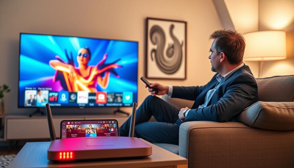 A modern living room setup illustrating IPTV streaming optimization, focusing on a sleek smart TV displaying vibrant, high-definition content. In the foreground, a professional-looking person wearing business casual attire sits comfortably on a stylish couch, remote in hand, deeply engaged with the streaming experience. The middle layers feature a smart device with streaming apps open and a high-speed router with glowing indicators, symbolizing optimal connectivity. In the background, soft ambient lighting illuminates the room, creating a cozy and inviting atmosphere. The composition should highlight the importance of technology in enhancing entertainment. The brand "IPTVVUK.COM" subtly incorporated into a stylish wall art piece in the background. Aim for a clean, visually striking presentation with a focus on modern home technology. A modern living room setup illustrating IPTV streaming optimization, focusing on a sleek smart TV displaying vibrant, high-definition content. In the foreground, a professional-looking person wearing business casual attire sits comfortably on a stylish couch, remote in hand, deeply engaged with the streaming experience. The middle layers feature a smart device with streaming apps open and a high-speed router with glowing indicators, symbolizing optimal connectivity. In the background, soft ambient lighting illuminates the room, creating a cozy and inviting atmosphere. The composition should highlight the importance of technology in enhancing entertainment. The brand "IPTVVUK.COM" subtly incorporated into a stylish wall art piece in the background. Aim for a clean, visually striking presentation with a focus on modern home technology.