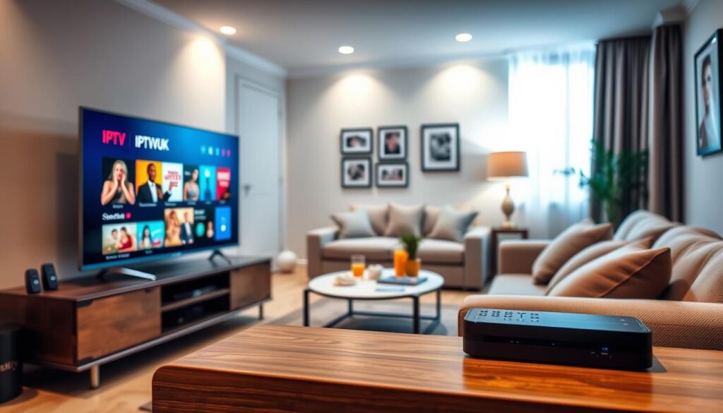A modern living room setup showcasing an IPTV streaming system. In the foreground, a sleek, flat-screen TV displays the IPTVVUK.COM interface with vibrant thumbnails of popular shows. Beside the TV, a stylish media console holds a compact streaming device and a remote control. In the middle, a comfortable sofa with plush cushions invites relaxation, with a small tabletop featuring snacks and drinks. The background shows a well-decorated wall with framed pictures and ambient lighting, creating a cozy atmosphere. Soft natural light filters through a nearby window, enhancing the inviting mood. The angle captures the entire scene, emphasizing the seamless integration of technology into everyday life, perfect for exploring IPTV options in Romania. A modern living room setup showcasing an IPTV streaming system. In the foreground, a sleek, flat-screen TV displays the IPTVVUK.COM interface with vibrant thumbnails of popular shows. Beside the TV, a stylish media console holds a compact streaming device and a remote control. In the middle, a comfortable sofa with plush cushions invites relaxation, with a small tabletop featuring snacks and drinks. The background shows a well-decorated wall with framed pictures and ambient lighting, creating a cozy atmosphere. Soft natural light filters through a nearby window, enhancing the inviting mood. The angle captures the entire scene, emphasizing the seamless integration of technology into everyday life, perfect for exploring IPTV options in Romania.