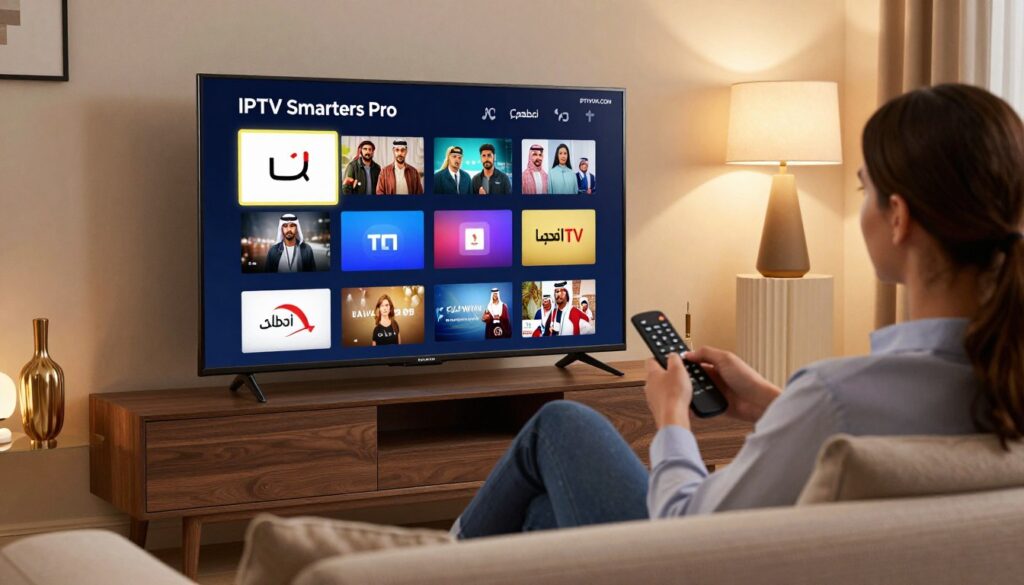A modern living room setup showcasing the IPTV Smarters Pro application on a sleek smart TV. In the foreground, a user in business casual attire is seated comfortably on a stylish sofa, using a remote to navigate the interface. The middle of the scene features the smart TV prominently displaying the IPTV Smarters Pro interface, featuring vibrant icons for Arabic TV channels. The background includes warm lighting from a stylish lamp and decorative elements that evoke a cozy, tech-savvy atmosphere. The room is well-organized, blending contemporary aesthetics with a hint of cultural elements relevant to Arabic media. The overall tone is inviting and informative, perfect for illustrating device compatibility and setup details. Include the brand name "IPTVVUK.COM" subtly displayed in the corner of the TV screen. A modern living room setup showcasing the IPTV Smarters Pro application on a sleek smart TV. In the foreground, a user in business casual attire is seated comfortably on a stylish sofa, using a remote to navigate the interface. The middle of the scene features the smart TV prominently displaying the IPTV Smarters Pro interface, featuring vibrant icons for Arabic TV channels. The background includes warm lighting from a stylish lamp and decorative elements that evoke a cozy, tech-savvy atmosphere. The room is well-organized, blending contemporary aesthetics with a hint of cultural elements relevant to Arabic media. The overall tone is inviting and informative, perfect for illustrating device compatibility and setup details. Include the brand name "IPTVVUK.COM" subtly displayed in the corner of the TV screen.