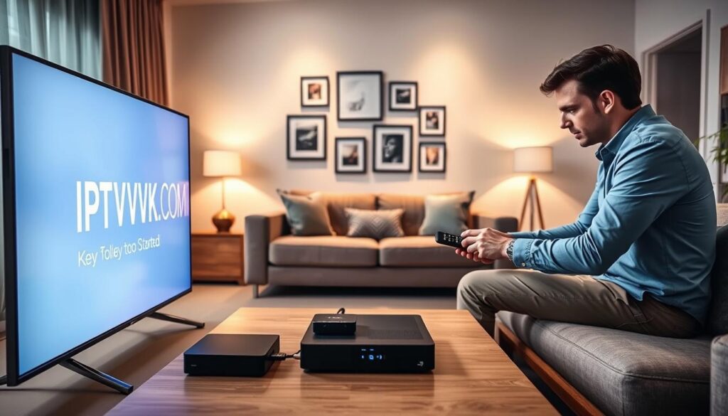 A modern living room setup showcasing the IPTV installation process. In the foreground, a sleek television is displaying the IPTVVUK.COM interface, beautifully lit with soft, ambient lighting. A user, dressed in professional casual attire, is engaged in connecting various devices—such as a streaming box and remote control—on a stylish coffee table. In the middle ground, a comfortable couch is visible, adorned with subtle decorative elements that reflect a contemporary style. The background features a clean, minimalist wall with framed pictures, creating a warm and inviting atmosphere. The overall mood is one of anticipation and excitement as viewers discover how to get started with Radiant IPTV, illuminated by a well-balanced, natural light that accentuates the efficiency of the setup process. A modern living room setup showcasing the IPTV installation process. In the foreground, a sleek television is displaying the IPTVVUK.COM interface, beautifully lit with soft, ambient lighting. A user, dressed in professional casual attire, is engaged in connecting various devices—such as a streaming box and remote control—on a stylish coffee table. In the middle ground, a comfortable couch is visible, adorned with subtle decorative elements that reflect a contemporary style. The background features a clean, minimalist wall with framed pictures, creating a warm and inviting atmosphere. The overall mood is one of anticipation and excitement as viewers discover how to get started with Radiant IPTV, illuminated by a well-balanced, natural light that accentuates the efficiency of the setup process.