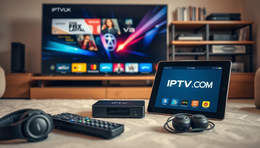 A modern living room setup showcasing various IPTV compatible devices, including a sleek smart TV, a streaming box, and a tablet displaying IPTVVUK.COM. In the foreground, neatly arranged remotes and headphones highlight the streaming experience. The middle layer features the devices actively streaming content, with bright, vivid graphics on the TV screen and a user-friendly interface visible on the tablet. The background includes a shelf with DVDs and gaming consoles, creating a cozy and inviting atmosphere. Soft, warm lighting casts gentle shadows, enhancing the mood of relaxation and enjoyment. The image should have a clear focus on technology and connectivity, captured with a slight angle to emphasize the devices’ features, presenting a seamless integration for cord-cutters seeking smooth IPTV streaming. A modern living room setup showcasing various IPTV compatible devices, including a sleek smart TV, a streaming box, and a tablet displaying IPTVVUK.COM. In the foreground, neatly arranged remotes and headphones highlight the streaming experience. The middle layer features the devices actively streaming content, with bright, vivid graphics on the TV screen and a user-friendly interface visible on the tablet. The background includes a shelf with DVDs and gaming consoles, creating a cozy and inviting atmosphere. Soft, warm lighting casts gentle shadows, enhancing the mood of relaxation and enjoyment. The image should have a clear focus on technology and connectivity, captured with a slight angle to emphasize the devices’ features, presenting a seamless integration for cord-cutters seeking smooth IPTV streaming.