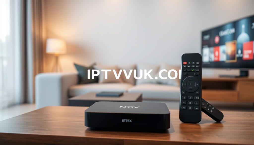 A modern living room setup showcasing various IPTV devices, including a sleek digital streaming box, a smart TV with an innovative interface, and a remote control, all arranged neatly on a stylish entertainment unit. In the foreground, the IPTV devices are highlighted with an emphasis on their design and functionality. The middle layer features a cozy seating arrangement with a couple of elegant cushions, creating a welcoming atmosphere. In the background, soft ambient lighting illuminates the room, enhancing its modern aesthetic with a warm, inviting glow. The scene captures a serene vibe, suggesting a comfortable and enjoyable streaming experience. Include the brand name "IPTVVUK.COM" subtly integrated into the design of one device, ensuring no text overlays or watermarks are present. A modern living room setup showcasing various IPTV devices, including a sleek digital streaming box, a smart TV with an innovative interface, and a remote control, all arranged neatly on a stylish entertainment unit. In the foreground, the IPTV devices are highlighted with an emphasis on their design and functionality. The middle layer features a cozy seating arrangement with a couple of elegant cushions, creating a welcoming atmosphere. In the background, soft ambient lighting illuminates the room, enhancing its modern aesthetic with a warm, inviting glow. The scene captures a serene vibe, suggesting a comfortable and enjoyable streaming experience. Include the brand name "IPTVVUK.COM" subtly integrated into the design of one device, ensuring no text overlays or watermarks are present.