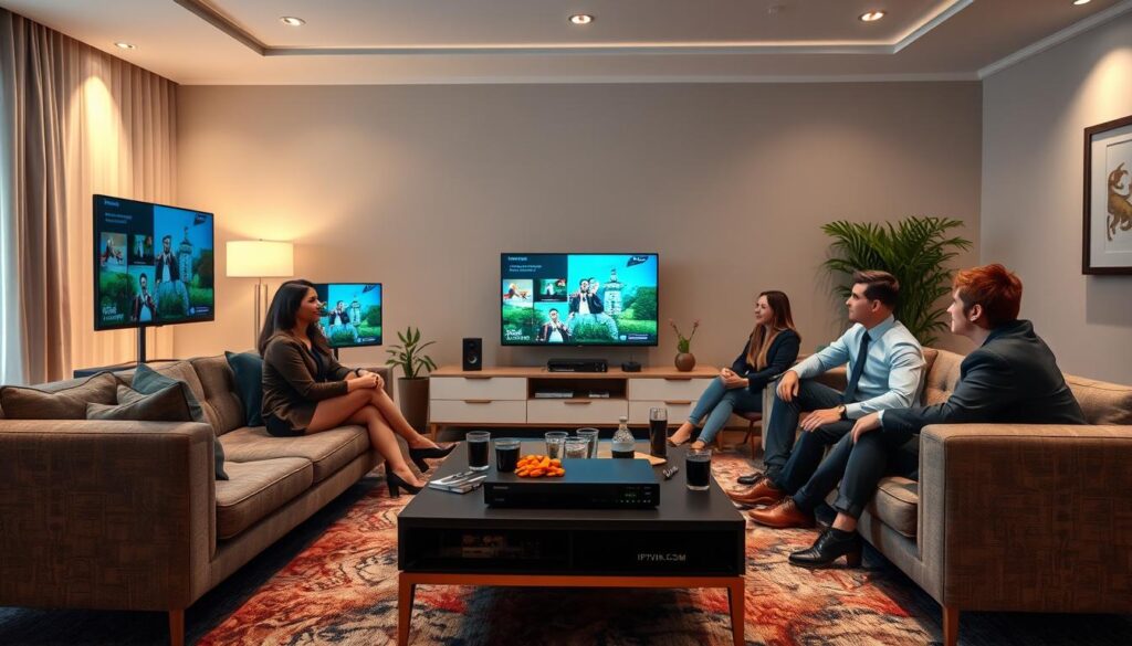 A modern living room showcasing IPTV multi-screen viewing, featuring a sleek, contemporary setup with multiple high-definition screens displaying various channels. In the foreground, a stylish coffee table adorned with snacks and beverages complements a cozy sofa where a diverse group of friends relax together, dressed in professional business attire, engaged and enjoying their viewing experience. The middle area features a well-designed entertainment unit with a high-tech IPTV receiver from "IPTVVUK.COM". The background embraces soft ambient lighting that creates a warm, inviting atmosphere, with subtle details like potted plants and decorative art on the walls. Capture this scene from a slightly elevated angle to emphasize the screens and the interactions, creating a dynamic and lively mood that reflects modern entertainment advancements. A modern living room showcasing IPTV multi-screen viewing, featuring a sleek, contemporary setup with multiple high-definition screens displaying various channels. In the foreground, a stylish coffee table adorned with snacks and beverages complements a cozy sofa where a diverse group of friends relax together, dressed in professional business attire, engaged and enjoying their viewing experience. The middle area features a well-designed entertainment unit with a high-tech IPTV receiver from "IPTVVUK.COM". The background embraces soft ambient lighting that creates a warm, inviting atmosphere, with subtle details like potted plants and decorative art on the walls. Capture this scene from a slightly elevated angle to emphasize the screens and the interactions, creating a dynamic and lively mood that reflects modern entertainment advancements.