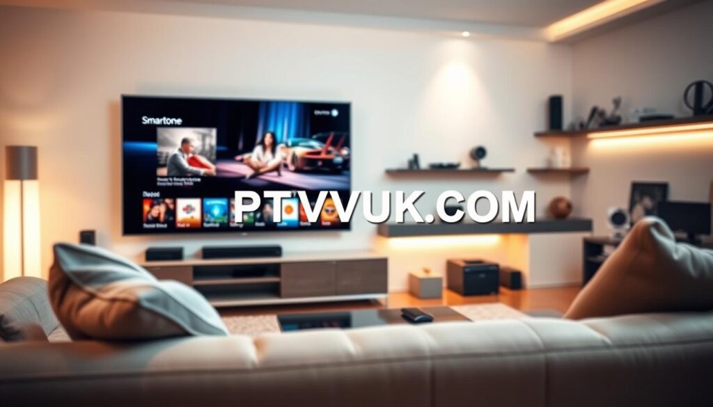 A modern living room showcasing a sleek, high-definition television streaming Smartone IPTV content. In the foreground, a cozy couch with a neutral color palette invites viewers into the scene. The middle ground features a flat-screen TV displaying vibrant streaming visuals with sharp details, representing high-quality performance. Soft ambient lighting creates a warm atmosphere, enhancing the serenity of the space. The background includes stylish shelves with tech gadgets and decorative items, hinting at advanced technology. A slight angle captures depth while maintaining clarity, and the entire scene radiates a feeling of comfort and modern entertainment. The brand name "IPTVVUK.COM" subtly integrated into the technology elements, showcasing a sophisticated and cutting-edge streaming experience. A modern living room showcasing a sleek, high-definition television streaming Smartone IPTV content. In the foreground, a cozy couch with a neutral color palette invites viewers into the scene. The middle ground features a flat-screen TV displaying vibrant streaming visuals with sharp details, representing high-quality performance. Soft ambient lighting creates a warm atmosphere, enhancing the serenity of the space. The background includes stylish shelves with tech gadgets and decorative items, hinting at advanced technology. A slight angle captures depth while maintaining clarity, and the entire scene radiates a feeling of comfort and modern entertainment. The brand name "IPTVVUK.COM" subtly integrated into the technology elements, showcasing a sophisticated and cutting-edge streaming experience.
