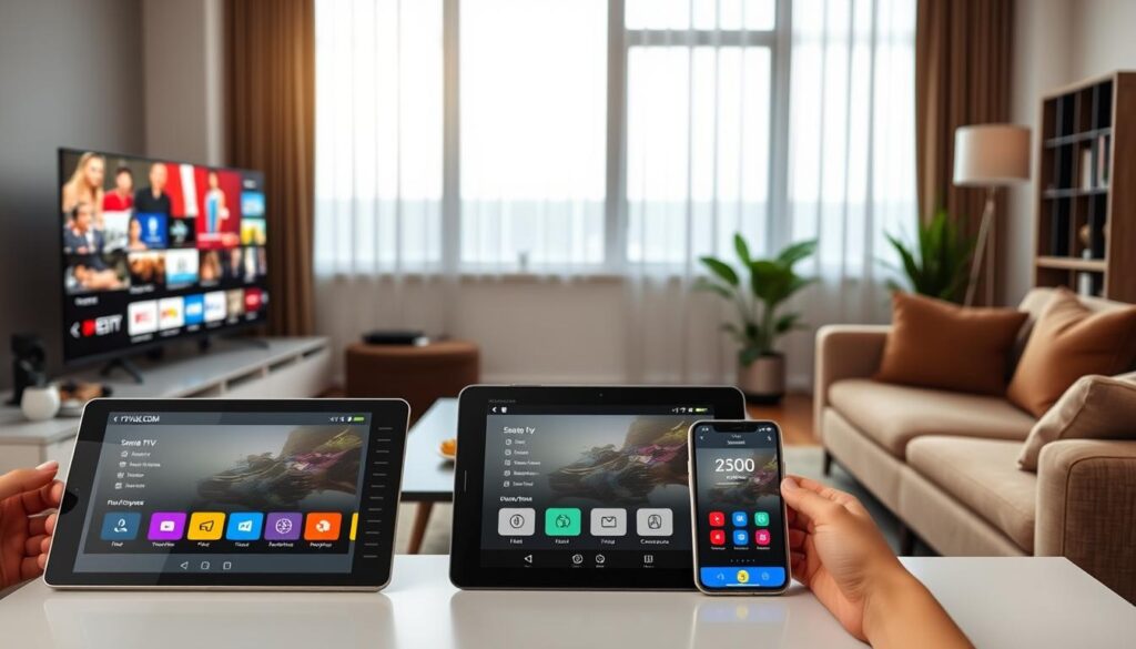 A modern living room showcasing an IPTV setup on various devices, including a Smart TV, tablet, and smartphone. In the foreground, the Smart TV displays vibrant streaming content, while the tablet and smartphone show the IPTVVUK.COM app interface, featuring user-friendly navigation. The middle ground includes a neatly arranged coffee table with a remote control, snacks, and a cozy sofa, inviting a relaxed viewing experience. In the background, large windows allow soft natural light to fill the room, enhancing the inviting atmosphere. The setting is minimalistic and stylish, with warm tones to create a welcoming mood. The image captures the essence of modern home entertainment and the ease of setting up IPTV services. A modern living room showcasing an IPTV setup on various devices, including a Smart TV, tablet, and smartphone. In the foreground, the Smart TV displays vibrant streaming content, while the tablet and smartphone show the IPTVVUK.COM app interface, featuring user-friendly navigation. The middle ground includes a neatly arranged coffee table with a remote control, snacks, and a cozy sofa, inviting a relaxed viewing experience. In the background, large windows allow soft natural light to fill the room, enhancing the inviting atmosphere. The setting is minimalistic and stylish, with warm tones to create a welcoming mood. The image captures the essence of modern home entertainment and the ease of setting up IPTV services.