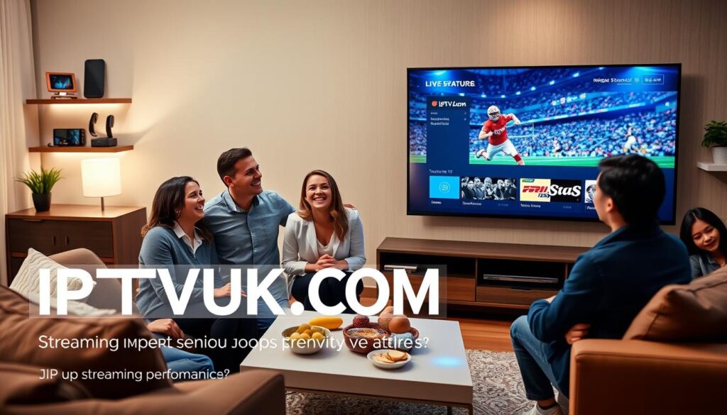 A modern living room with a sleek television showing an IPTV streaming interface, elegantly displaying a vibrant, high-definition image of a live sports event. In the foreground, a family of four, dressed in smart casual attire, are deeply engaged, with expressions of excitement and joy. In the middle ground, a stylish coffee table holds snacks and drinks, complementing the cozy atmosphere. The background features contemporary decor with soft lighting that creates a warm ambiance, emphasizing the technological sophistication of the IPTV service. A wall-mounted shelf showcases gadgets and a small plant for a touch of freshness. The overall mood is inviting and energetic, highlighting the rich features of IPTVVUK.COM's streaming performance. The scene is captured from a slightly elevated angle, ensuring all elements harmonize to depict a seamless viewing experience. A modern living room with a sleek television showing an IPTV streaming interface, elegantly displaying a vibrant, high-definition image of a live sports event. In the foreground, a family of four, dressed in smart casual attire, are deeply engaged, with expressions of excitement and joy. In the middle ground, a stylish coffee table holds snacks and drinks, complementing the cozy atmosphere. The background features contemporary decor with soft lighting that creates a warm ambiance, emphasizing the technological sophistication of the IPTV service. A wall-mounted shelf showcases gadgets and a small plant for a touch of freshness. The overall mood is inviting and energetic, highlighting the rich features of IPTVVUK.COM's streaming performance. The scene is captured from a slightly elevated angle, ensuring all elements harmonize to depict a seamless viewing experience.