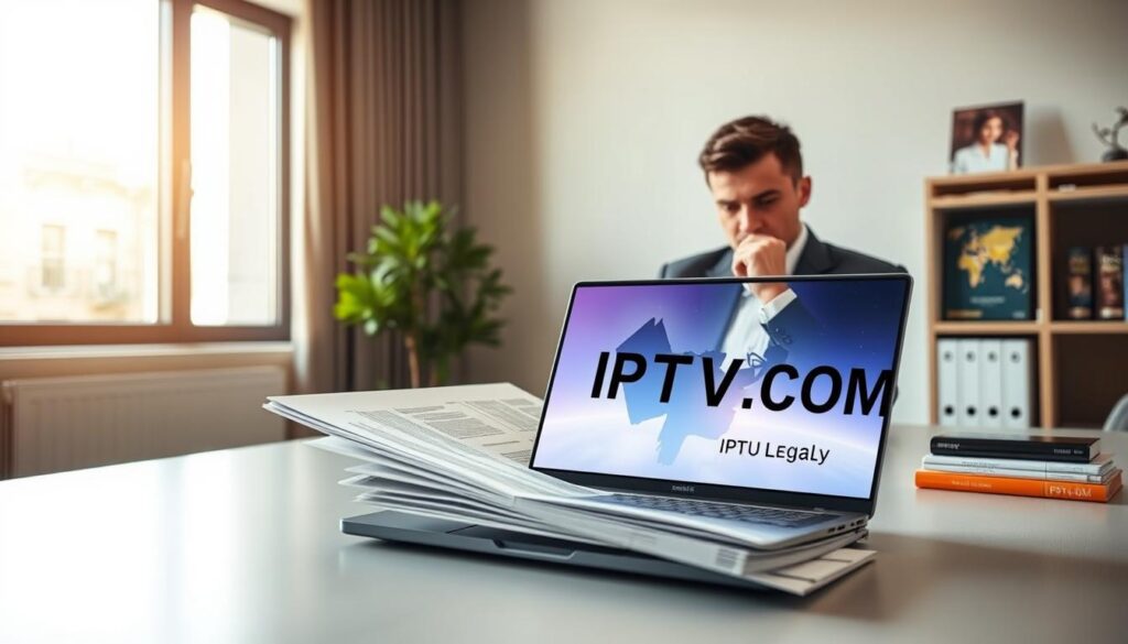 A modern office environment serves as the background, featuring a sleek desk with a laptop displaying a vibrant IPTV interface. In the foreground, a professional person in business attire is thoughtfully analyzing documents related to IPTV legality, illustrating the theme of legal considerations and best practices. Soft, natural lighting filters through a large window, casting a warm glow over the scene. On a nearby shelf, brochures or books on digital media law can be seen, hinting at the informative nature of the topic. The mood is focused and serious, embodying a sense of responsibility among IPTV users. Integrate the logo or brand name "IPTVVUK.COM" subtly into the design of the laptop's screen, maintaining a professional aesthetic without distracting from the main subject. A modern office environment serves as the background, featuring a sleek desk with a laptop displaying a vibrant IPTV interface. In the foreground, a professional person in business attire is thoughtfully analyzing documents related to IPTV legality, illustrating the theme of legal considerations and best practices. Soft, natural lighting filters through a large window, casting a warm glow over the scene. On a nearby shelf, brochures or books on digital media law can be seen, hinting at the informative nature of the topic. The mood is focused and serious, embodying a sense of responsibility among IPTV users. Integrate the logo or brand name "IPTVVUK.COM" subtly into the design of the laptop's screen, maintaining a professional aesthetic without distracting from the main subject.